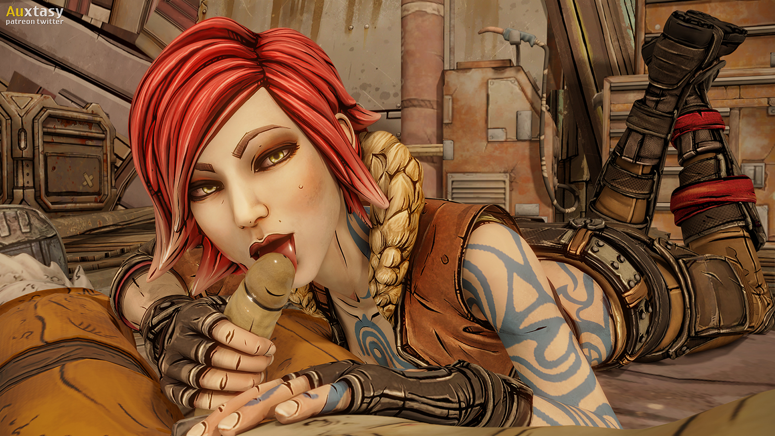 1boy, 1girls, 3d, auxtasy, blowjob, body markings, borderlands, borderlands 3, fellatio, female, female focus, licking, licking penis, lilith (borderlands), looking at viewer, male, oral, oral sex, penis, psycho (borderlands), red hair, redhead, siren (borderlands), siren markings, tattoo, yellow eyes