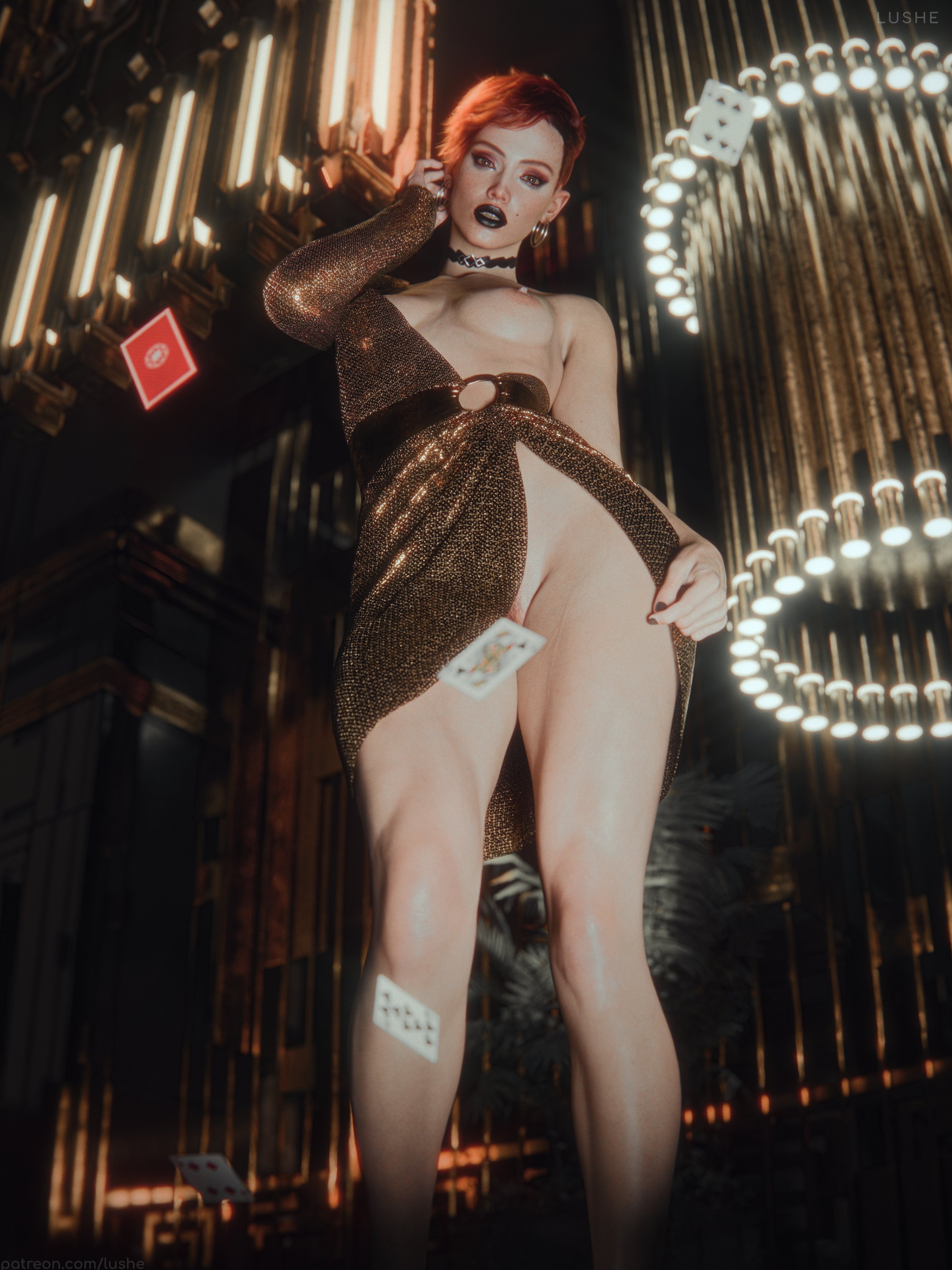 1girls, 3d, 3d (artwork), areolae, aurore cassel, black lipstick, breasts, breasts out, cd projekt red, choker, cyberpunk 2077, cyberpunk 2077: phantom liberty, ear piercing, earrings, female, female focus, female only, freckles, french, french female, light skin, light-skinned female, lipstick, looking at viewer, lushe3d, makeup, medium breasts, mole, nail polish, nipples, outdoors, outside, pale skin, pale-skinned female, partially clothed, red hair, short hair, standing, yellow eyes