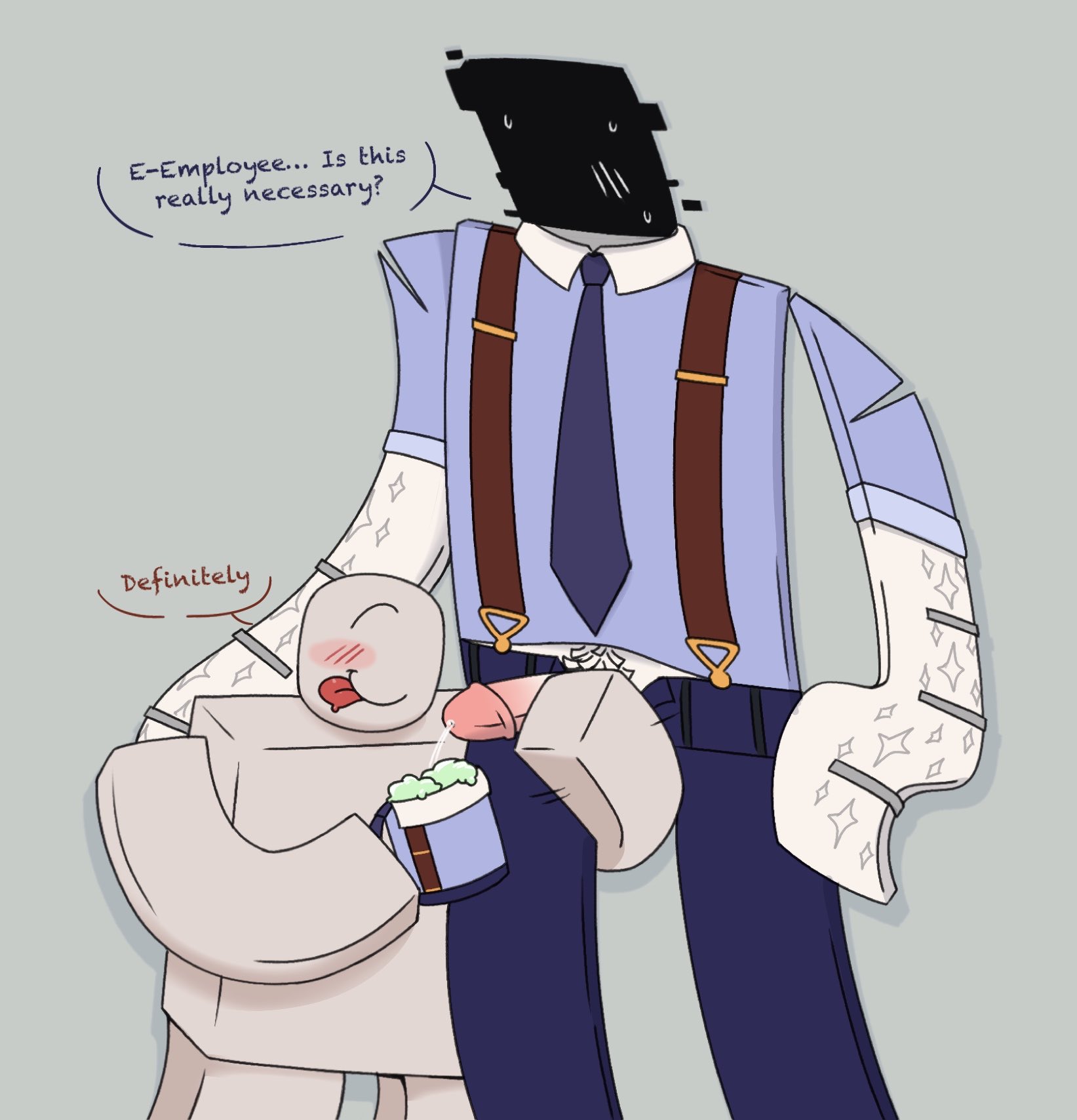 :p, artist request, blush lines, cum, cum in drink, cum milking, cumming, cumming into cup, dialogue, doors (roblox), honcho (doors), object head, office clothing, paper, penis, penis out, player character, roblox, roblox game, robloxian, simple background, suspenders, tie, unzipped, unzipped pants