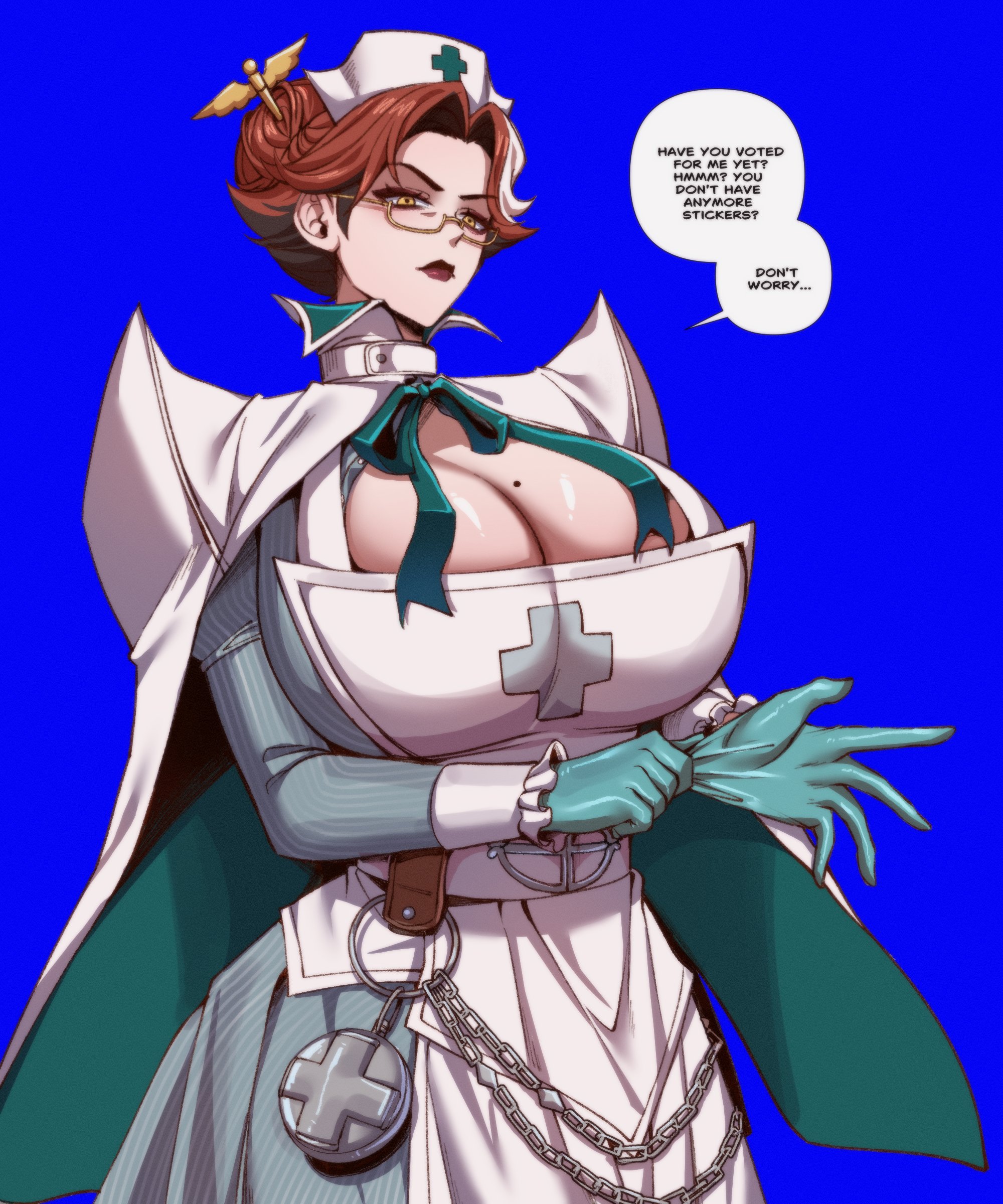1girls, 2026, big breasts, blue background, clothed, clothed female, clothing, deadlock, dialogue, english, english text, female, female only, glasses, latex, latex gloves, multicolored hair, nurse harrow, pale skin, pale-skinned female, redhead, redhead female, ryuukusnpaiarts, tagme, valve, yellow eyes