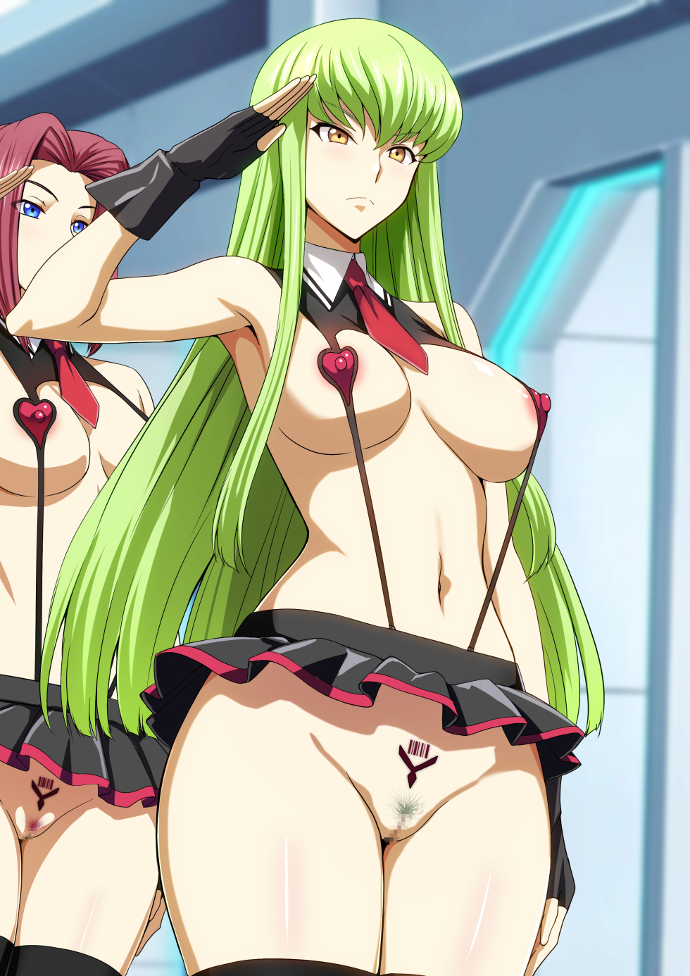 2d, 2d (artwork), 2girls, altered common sense, barcode, black gloves, black legwear, blue eyes, brainwashing, breasts, c.c., censored, change in common sense, child bearing hips, code geass, daiaru, gloves, gold eyes, green hair, hips, human puppet, kallen stadtfeld, large breasts, legwear, long hair, microskirt, mind control, navel, nipples, nipples visible through clothing, no panties, pubic hair, pussy, red hair, salute, short hair, skimpy clothes, skirt, slave, slave girl, slave mark, sling bikini top, stern expression, thighs, tummy, unaware, unaware hypnosis, uniform, very short skirt, wide hips