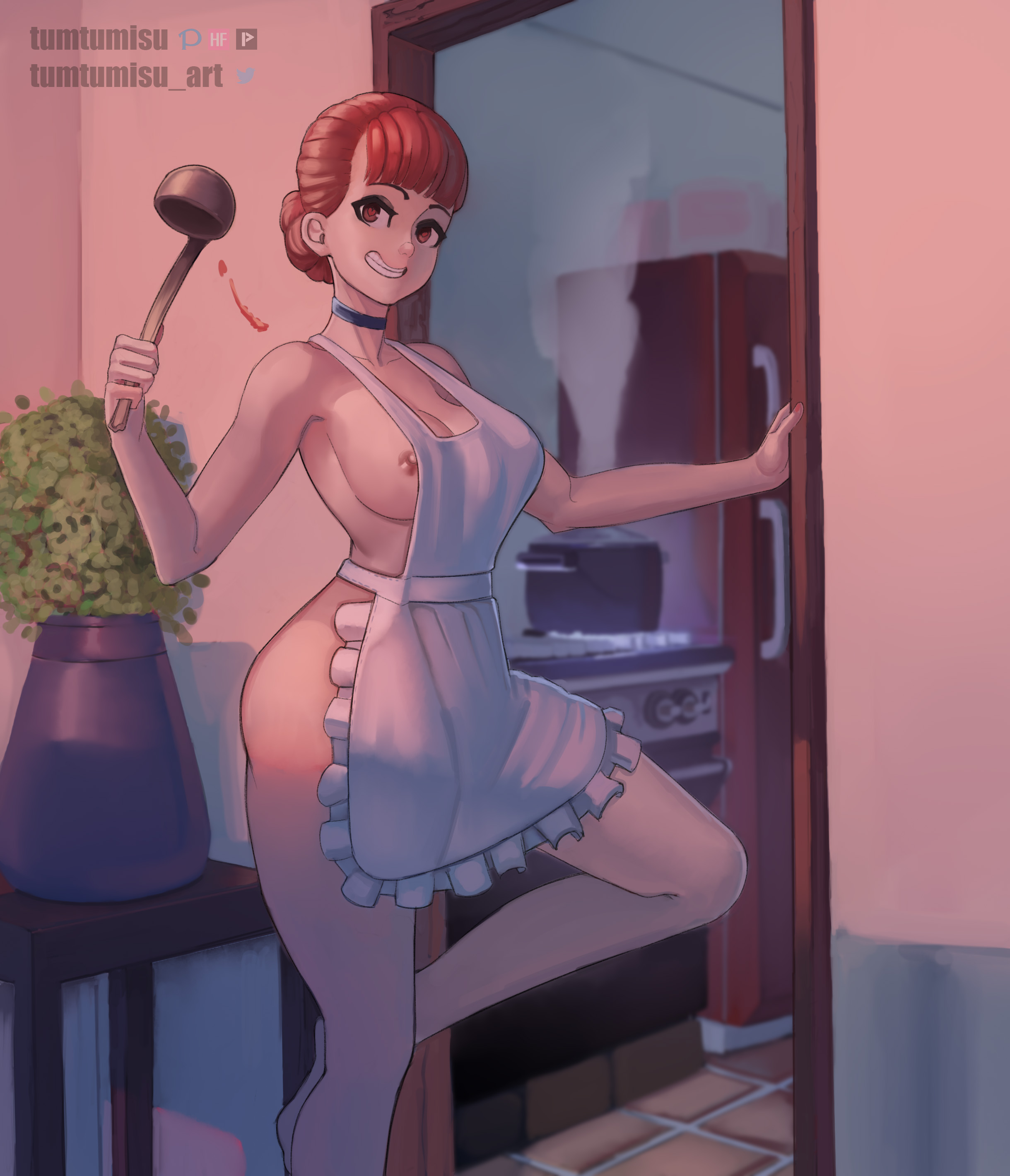 1girls, apron, apron only, areolae, big breasts, breasts, female, female only, heart-shaped pupils, kitchen, large breasts, nipples, solo, tumtumisu