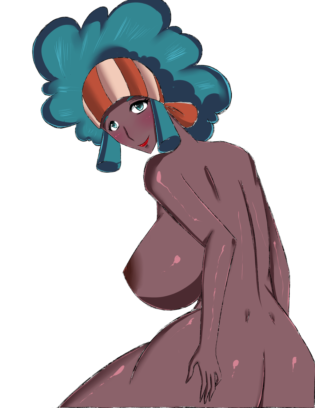 afro back back_view big_ass big_breasts blush dark-skinned_female female_only green_eyes green_hair human human_only lenora_(pokemon) nintendo nude_female pokemon pokemon_bw red_lips sideboob smiling_at_viewer solo_female tashi thick_thighs white_background