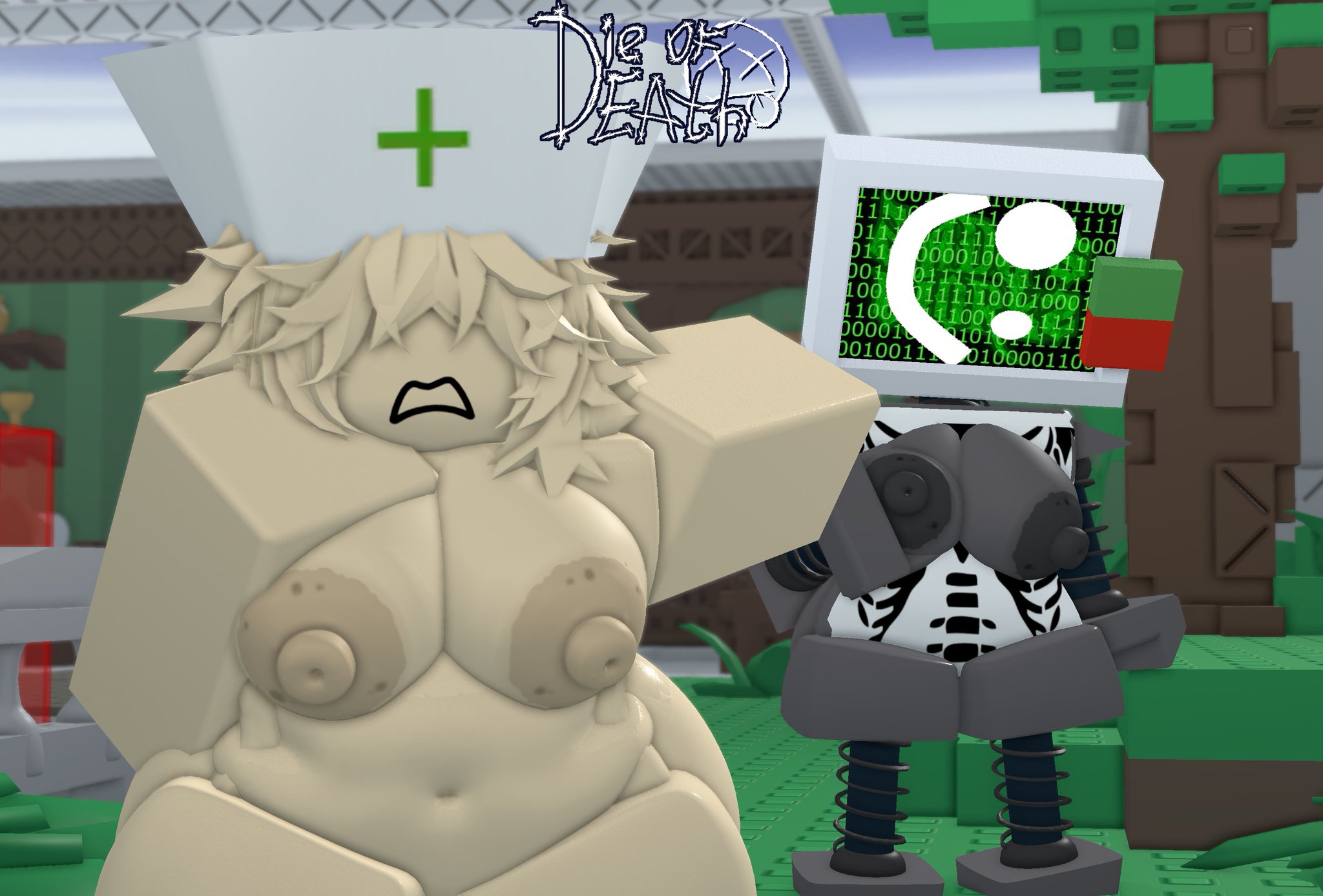2girls, 3d, areolae, badware (die of death), breasts, caretaker (die of death), chubby, chubby female, civilian (die of death), copyright name, crimstuff, die of death (roblox), hair covering eyes, naked, naked female, nipples, roblox, roblox game, robloxian, robot, tagme, zaduworkz