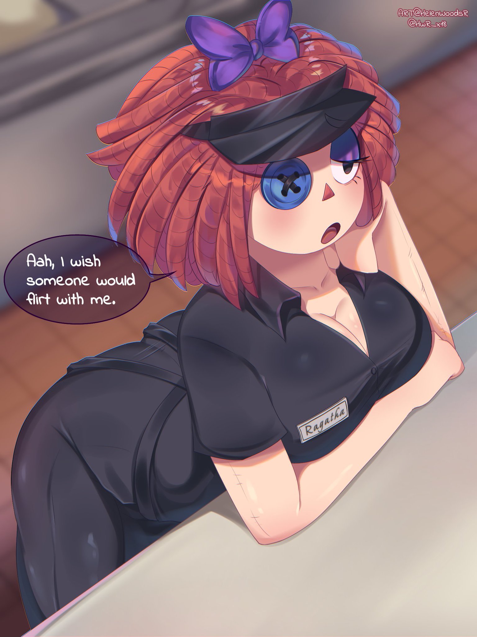 1girl, 1girls, big breasts, black pants, black shirt, breasts, busty, busty female, cleavage, deep cleavage, doll girl, gooseworx, helenwoodsr, large breasts, leaning, leaning forward, leaning on counter, leaning on countertop, leaning on object, name tag, nametag, ragatha, ragatha (tadc), ragatha (the amazing digital circus), speaking, speech bubble, standing, standing up, talking, talking to self, the amazing digital circus, twitter, visor, visor cap