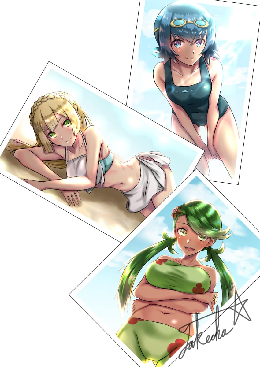 3girls, alternate breast size, alternate outfit, armpits, beach, bikini, blonde hair, blue eyes, blue hair, breasts, dark skin, dark-skinned female, female, female only, green eyes, green hair, human, lana (pokemon), lillie (pokemon), long hair, looking at viewer, mallow (pokemon), medium breasts, multiple females, multiple girls, nintendo, pokemon, pokemon sm, pokemon usm, posing, short hair, small breasts, smile, source request, swimsuit, takecha, text, trial captain, twintails, watermark