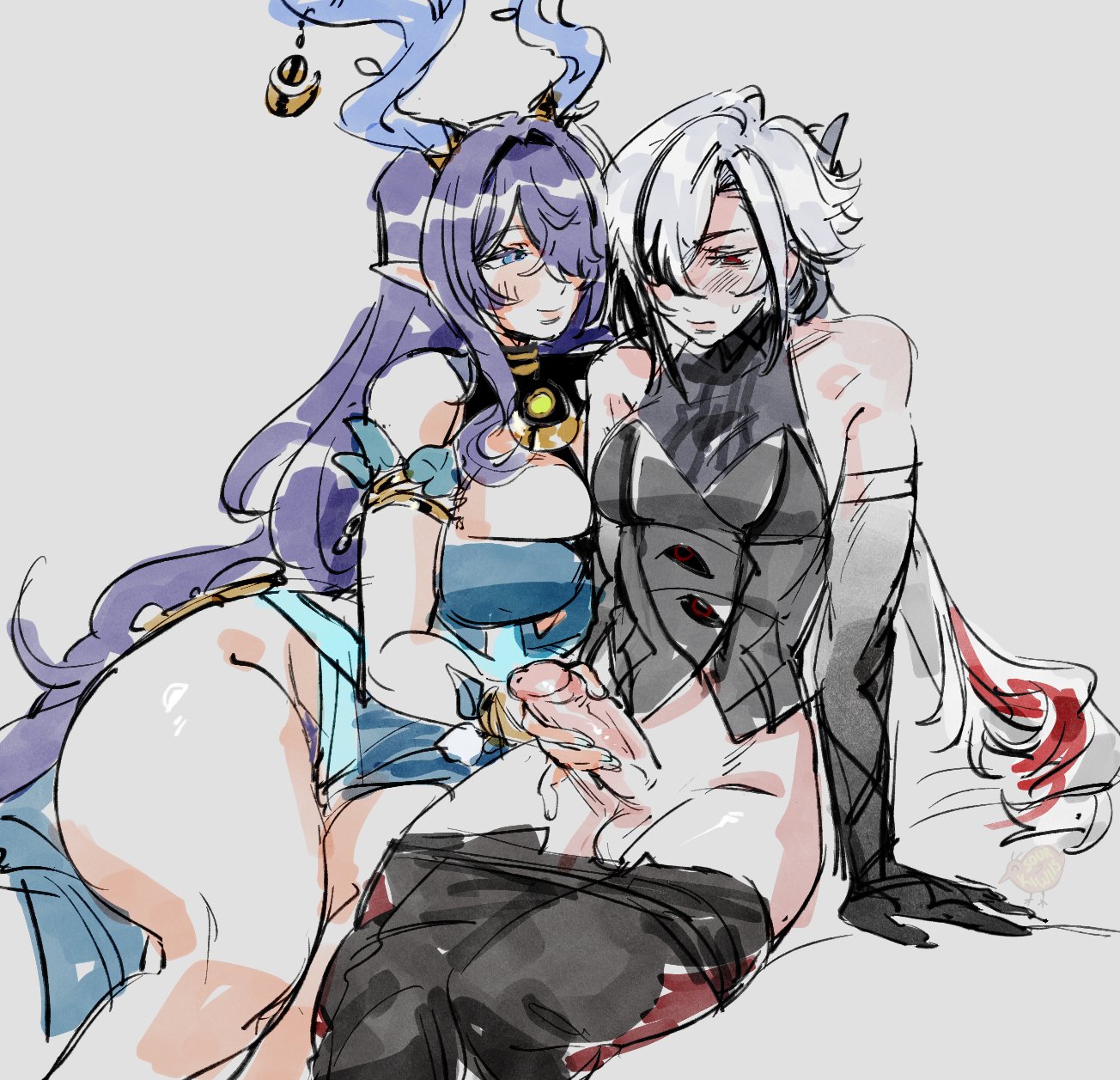 1futa, 1girls, arlecchino (genshin impact), athletic, athletic female, big boobs, big breasts, big tits, blush, blushing, boobs, breasts, cleavage, clothed, clothed sex, clothes, clothing, curvaceous, curvaceous body, curvaceous female, curvaceous figure, curvaceous hips, curvy, curvy body, curvy female, curvy figure, dickgirl, dominant female, female, female focus, futanari, genshin impact, handjobs, hips, hoyoverse, lauma (genshin impact), long hair, no panties, on side, pants down, pussy, short hair, submissive female, sweeter kiwiis, thick hips, thick thighs, thigh job, thighjob, thighs, tits, wide hips