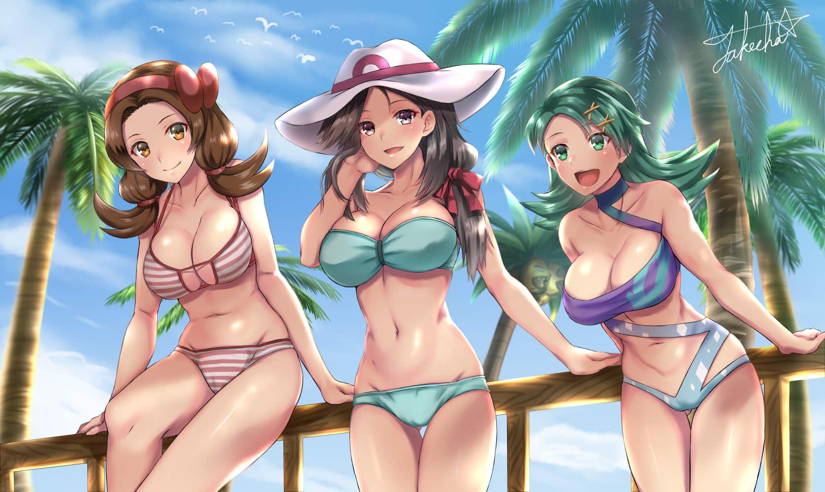 3girls abs alolan_exeggutor alternate_breast_size alternate_outfit beach bikini braided_hair braids brown_eyes brown_hair eye_contact female female_only green_eyes green_hair hat human human_only kris_(pokemon) large_breasts leaf_(pokemon) looking_at_viewer lyra_(pokemon) multiple_girls outside palm_tree pokemon pokemon_frlg pokemon_gsc pokemon_hgss pokemon_rgby sky smile smiling smiling_at_viewer source_request swimsuit takecha thick_thighs wide_hips