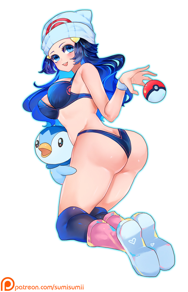 1girls, alternate breast size, alternate outfit, ambiguous gender, armpits, ass, avian, back, big ass, bikini, black legwear, blush, boots, breasts, cleavage, clothed, dawn (pokemon), female, feral, hat, large breasts, larger female, lingerie, long hair, looking at viewer, looking back, midriff, nintendo, nude, patreon, piplup, poke ball, pokemon, pokemon (species), pokemon dppt, simple background, size difference, sumisumii, swimsuit, text, thick thighs, underwear, url, watermark, white background, wide hips