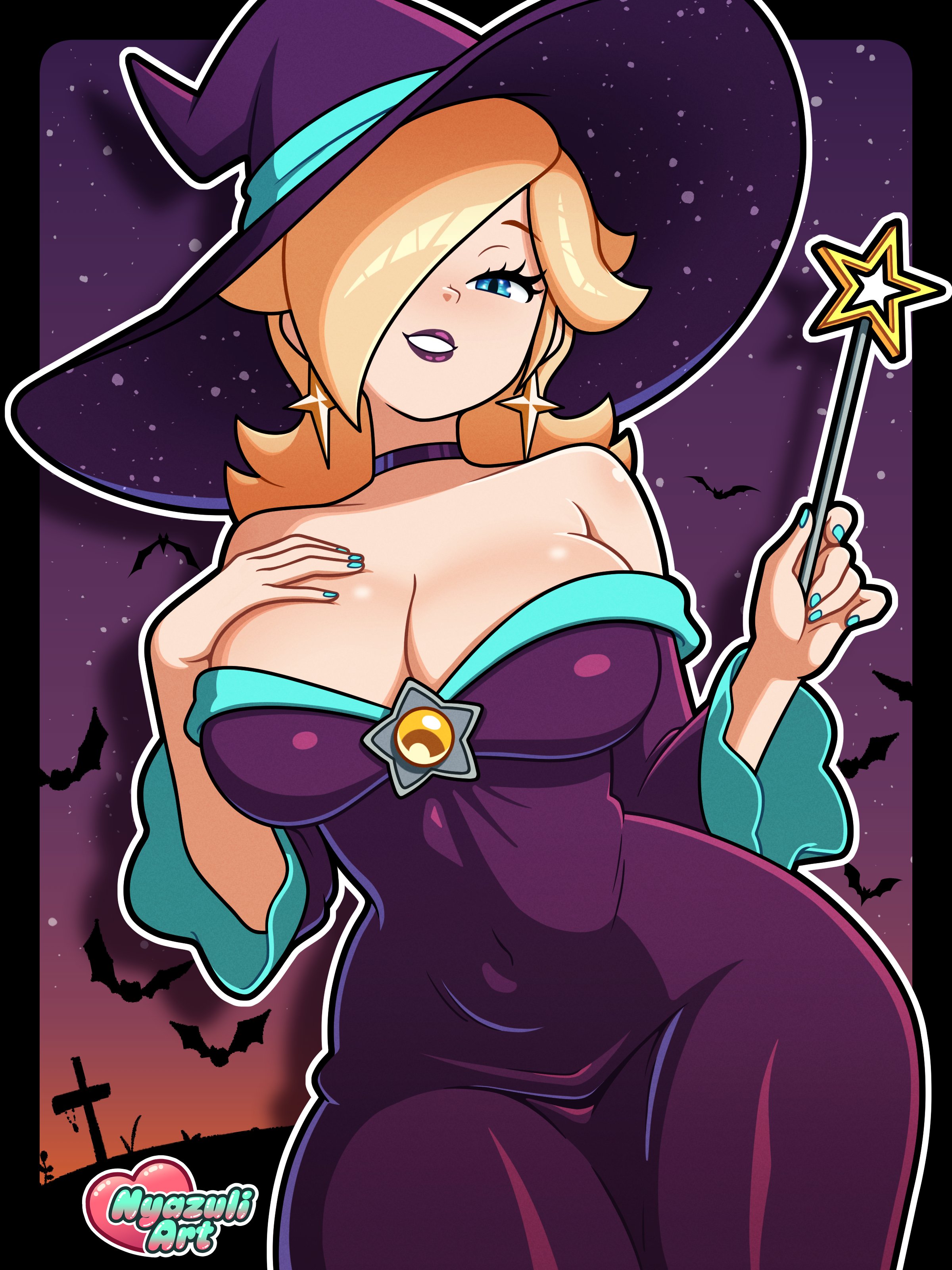 1girls, absurdres, bare shoulders, big breasts, blonde hair, blue eyes, breasts, brooch, choker, cleavage, dress, earrings, hair over one eye, half-closed eyes, halloween, hat, highres, holding, holding wand, jewelry, large breasts, long hair, mario (series), mario kart, mario kart tour, nail polish, nintendo, nyazuliart, official alternate costume, princess rosalina, princess rosalina (halloween), purple dress, purple hat, rosalina, smile, solo, star (symbol), star brooch, star earrings, star wand, wand, witch hat