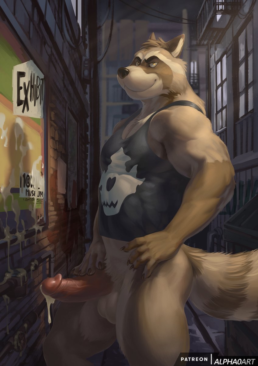 1boy 2020 alpha0 anthro balls brown_body brown_fur clothing cum cum_drip detailed_background erection fur genitals hi_res humanoid_hands humanoid_penis male male_only mammal outside partially_clothed penis procyonid raccoon shirt solo topwear