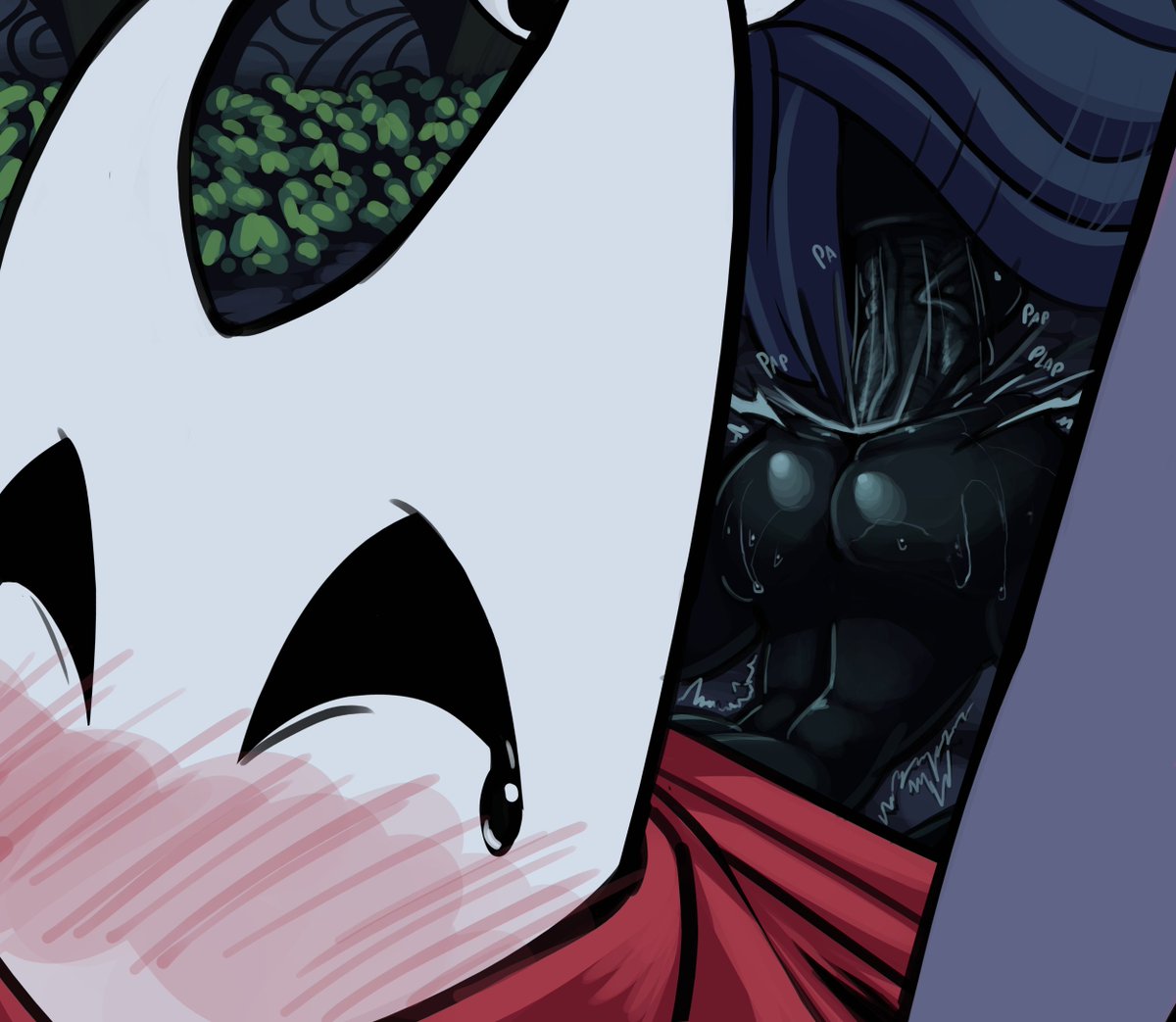 1boy, 1girls, ambiguous penetration, big penis, blush, boxman, cape, cloak, deep penetration, doggy style, female, hollow knight, hornet (hollow knight), huge cock, male, partially clothed, penis, pussy, red cape, sex, shaking, small but hung, small dom big sub, sound effects, straight, sweat, vaginal penetration