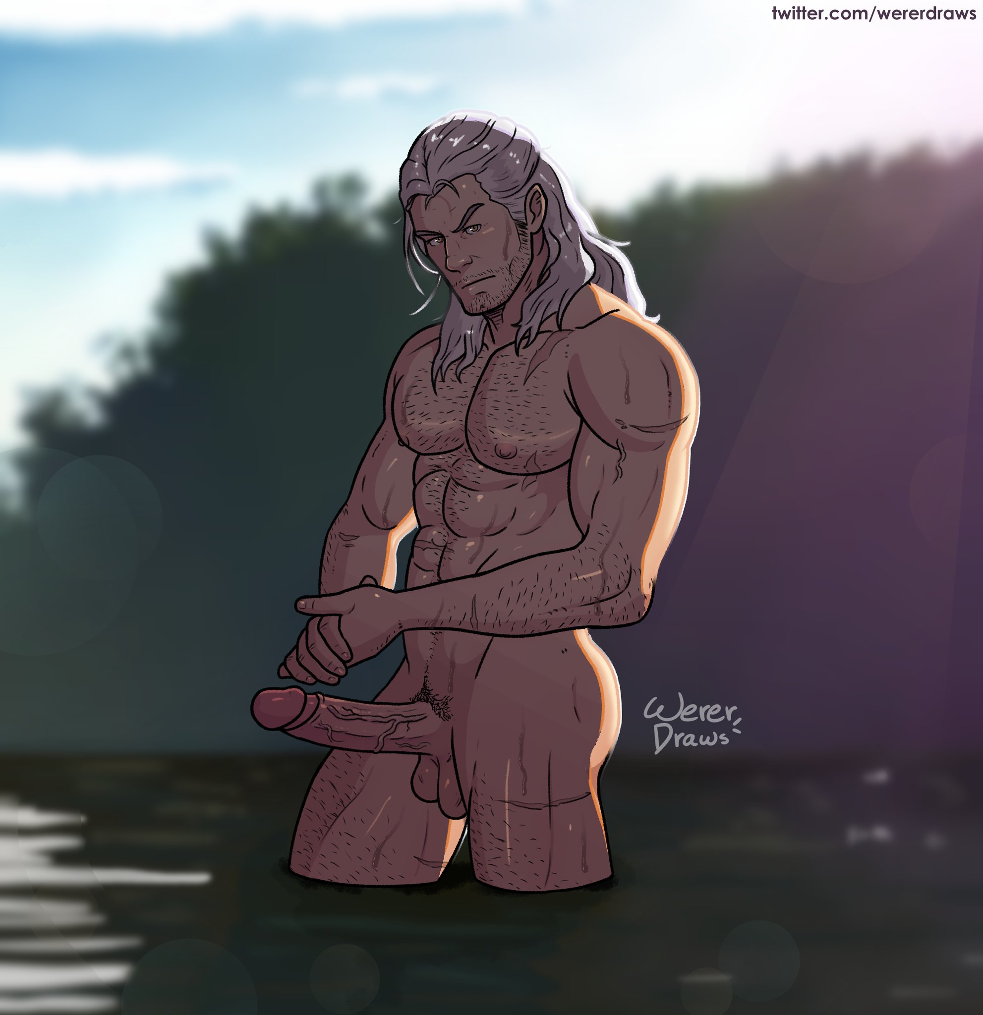 1boy, abs, balls, ballsack, bathing, beard stubble, big penis, body hair, cd projekt red, chest hair, color, digital media (artwork), erect nipples, erection, facial hair, foreskin, fully retracted foreskin, geralt of rivia, hairy chest, holding hand, human, human only, large penis, light skin, light-skinned male, long hair, long-haired male, male, male chest, male nipples, male only, male pubic hair, masculine, masculine male, mature male, muscular, muscular male, naked, nipples, nude, nude male, pecs, penis, pinup, pubic hair, retracted foreskin, scars, scrotum, solo, testicles, the witcher, the witcher (series), the witcher 2, the witcher 3: wild hunt, uncensored, uncircumcised, uncut, veiny penis, wading, water, wererdraws, white hair, yaoi
