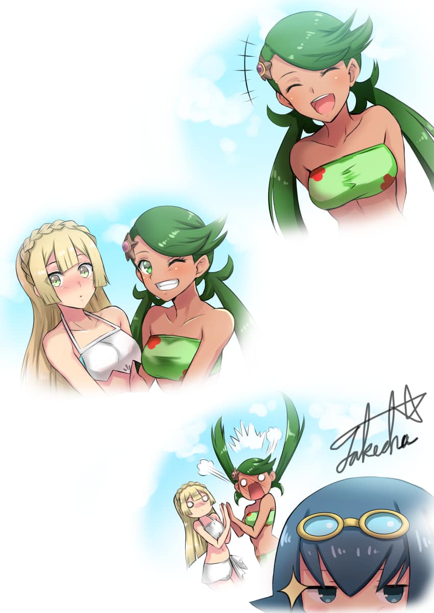 3girls alternate_breast_size alternate_outfit armpits beach bikini blonde_hair blue_eyes blue_hair chocolate_and_vanilla dark-skinned_female dark_skin empty_eyes female female_only green_eyes green_hair half-closed_eyes lana_(pokemon) lillie_(pokemon) long_hair looking_at_viewer mallow_(pokemon) medium_breasts multiple_girls nintendo pokemon pokemon_sm pokemon_usm scared short_hair small_breasts smile smirk source_request swimsuit takecha text trial_captain twintails watermark wink winking winking_at_viewer