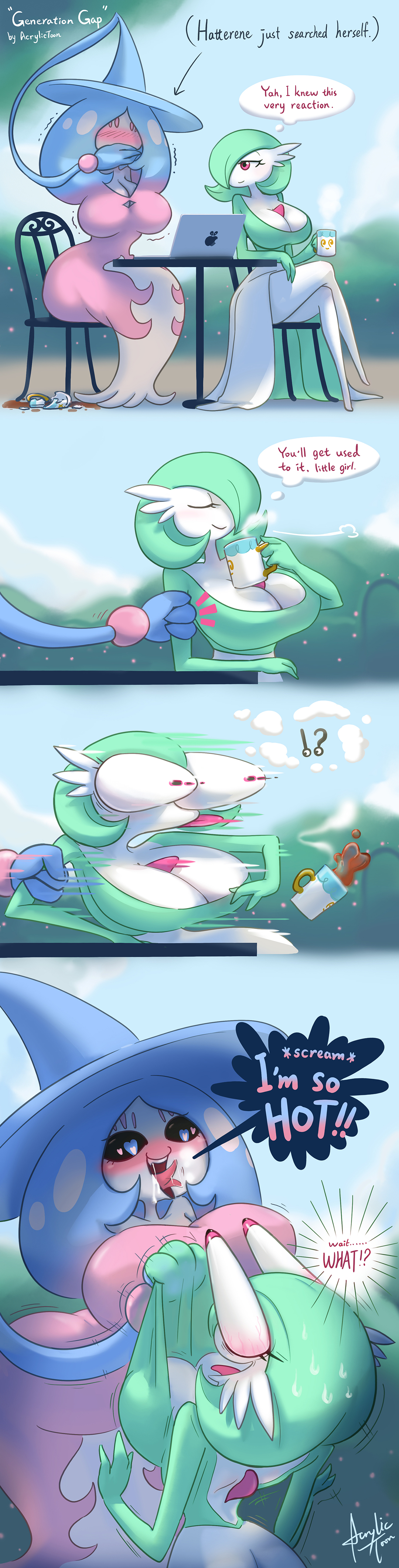 ?, 2girls, 3 fingers, acrylictoon, anthro, anthrofied, ass, big ass, big breasts, black sclera, blue eyes, blush, breasts, chair, cleavage, clothed, clothes, clouds, comic, computer, crossed legs, deviantart, dress, drink, drooling, eye contact, eyelashes, eyes bugging out, fairy, female, female only, femdom, gardevoir, hair over one eye, half-closed eyes, hatterene, heart, heart-shaped pupils, holding, huge ass, huge breasts, imminent rape, laptop, large ass, large breasts, long hair, long legs, motion blur, mug, nintendo, original character, outdoors, pink eyes, pokemon, pokemon (species), pokemon rse, pokemon ss, prehensile hair, rape face, saliva, short hair, sitting, sky, surprised, sweat, table, tentacle, text, tongue, tongue out, trembling, very long hair, watermark, white skin, wide hips, wild take, yuri
