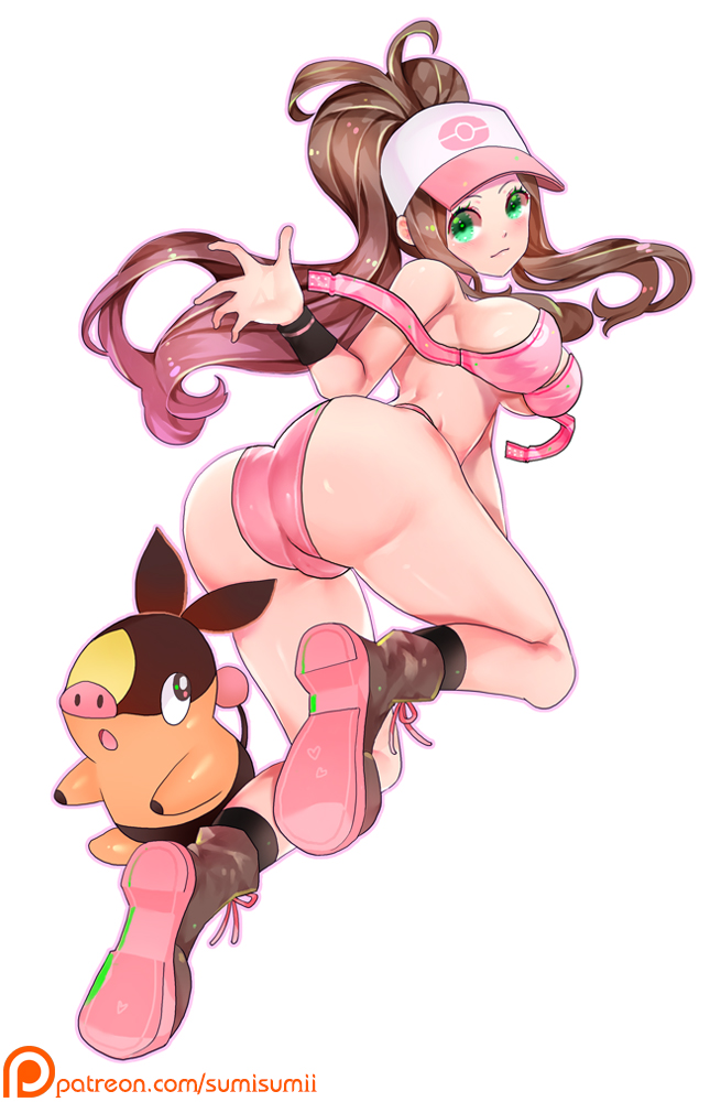 1girls alternate_breast_size alternate_outfit ass bikini blush boots breasts brown_hair cleavage female hat hilda_(pokemon) huge_breasts human human_only laced_boots large_ass larger_female lingerie long_hair looking_at_viewer nintendo patreon pokemon pokemon_bw simple_background size_difference sumisumii swimsuit tepig text thick_thighs underwear url watermark white_background wide_hips