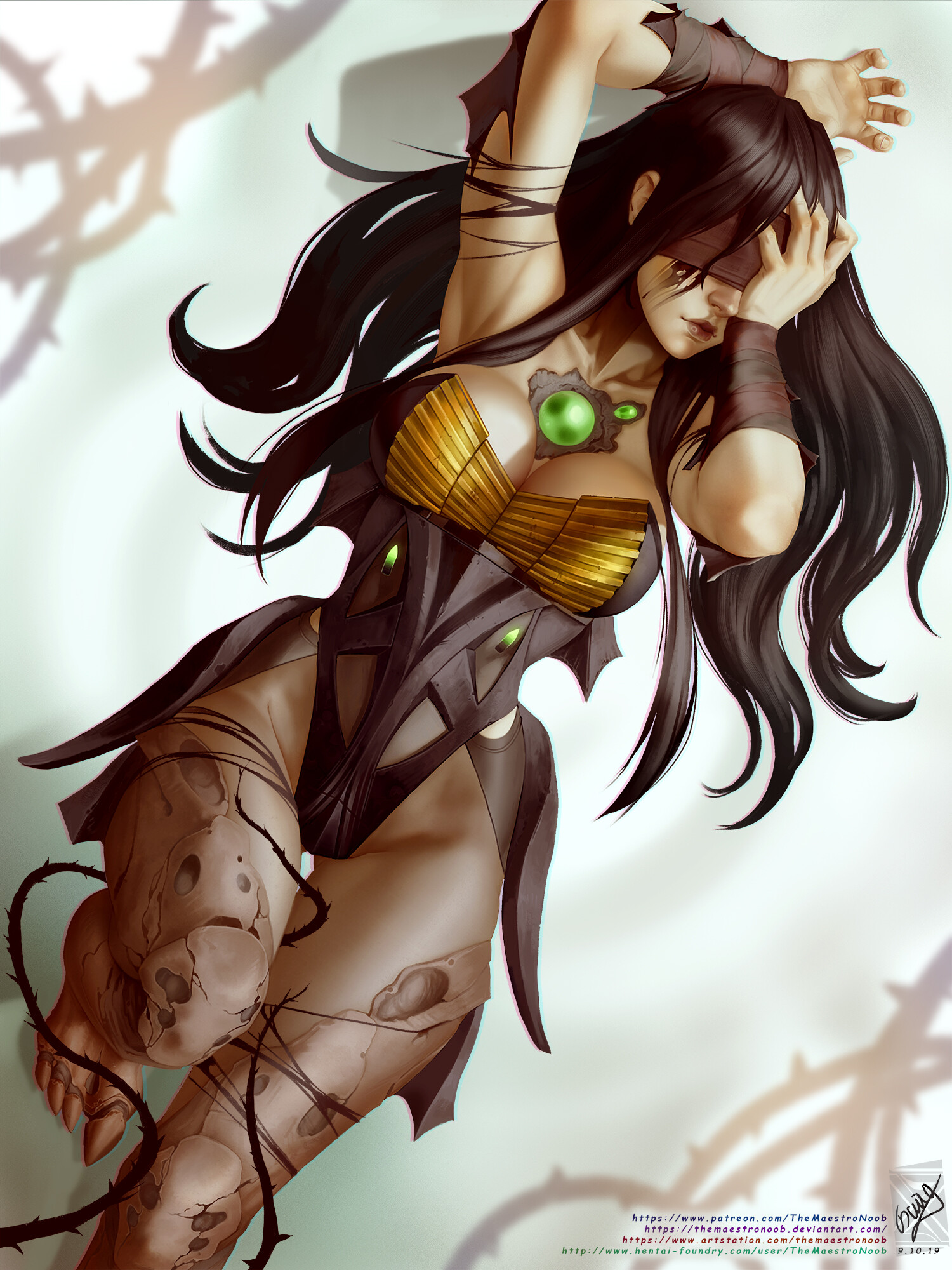 1girls, arms, background, breasts, cleavage, curvy, dark hair, destiny (game), eyewear, feet, female, female only, gun, hand on head, hive (destiny), large breasts, legs, lips, long hair, panties, suit, themaestronoob, thick thighs, thighs, thorn (weapon), wide hips