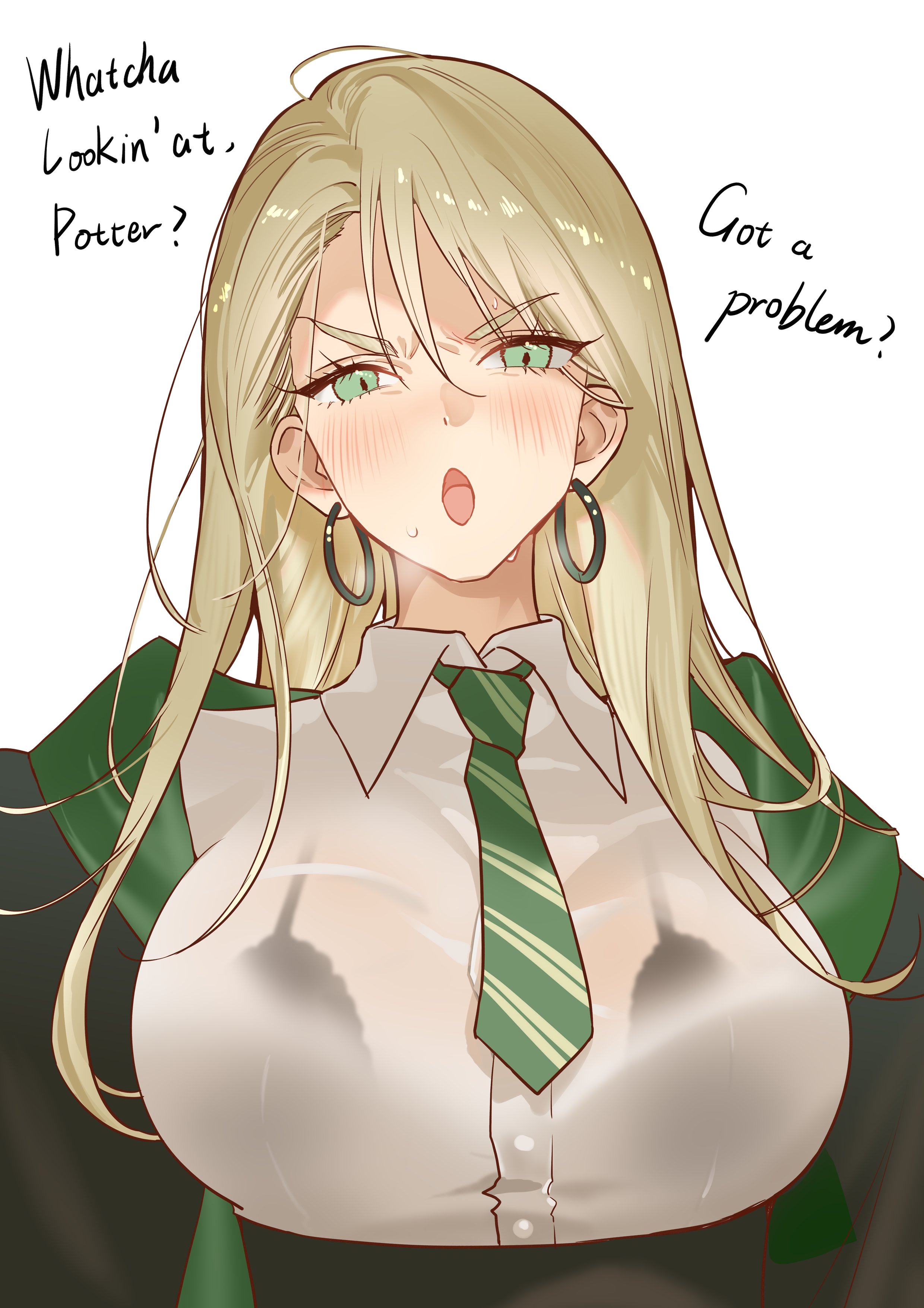 1girls, blonde hair, bra, cleavage, clothed, clothing, draco malfoy (redteneri), female, female only, genderswap, harry potter, light skin, light-skinned female, rule 63, see-through, see-through clothing, solo