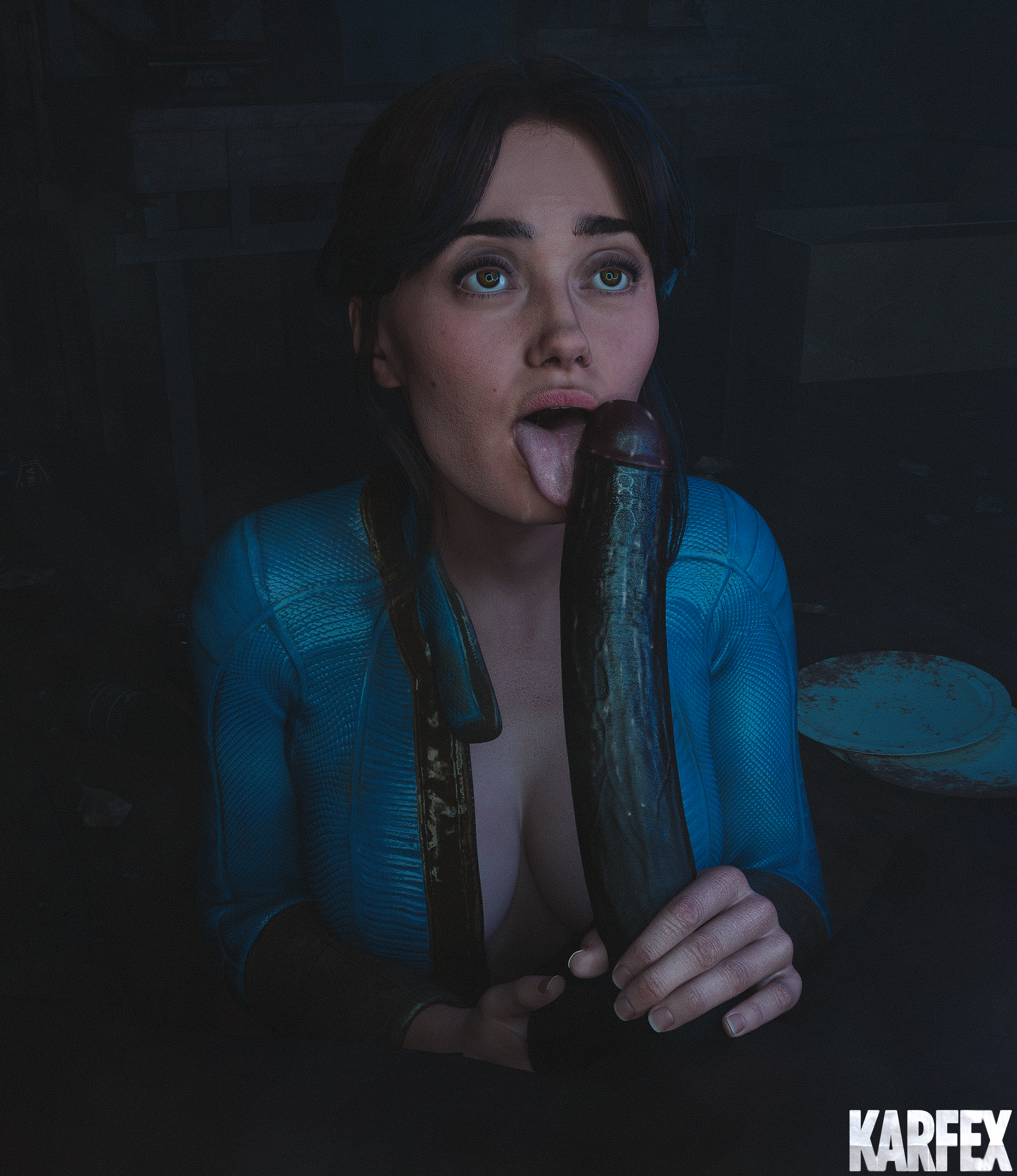 3d, blacked, dark skin, dark-skinned male, fallout, fallout (series), hand on penis, holding penis, huge balls, huge breasts, huge cock, human, human female, interracial, karfex, licking, licking penis, lucy maclean, pleading eyes, tagme