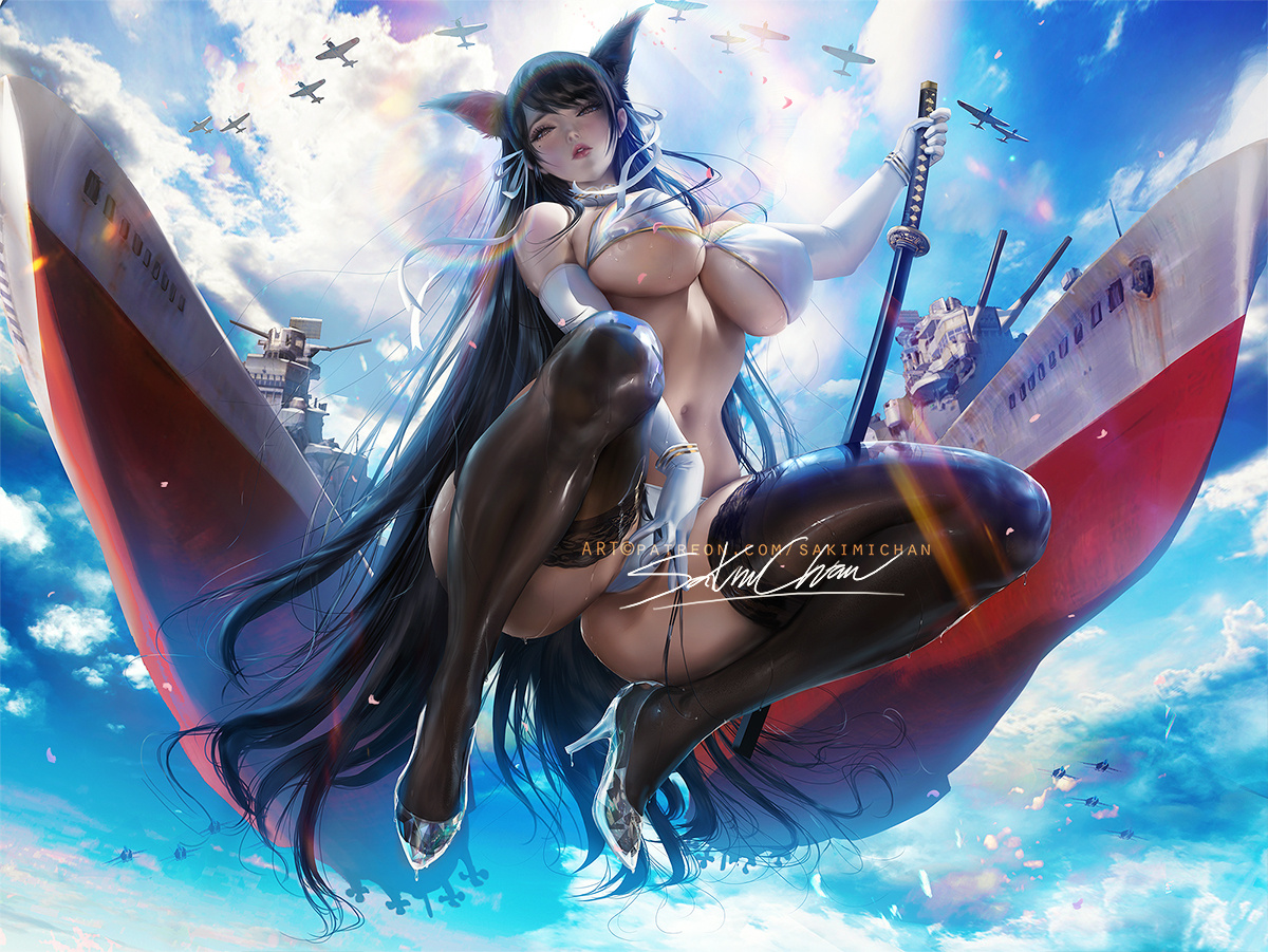 1girls, atago (azur lane), azur lane, big breasts, breasts, cleavage, female, female only, large breasts, looking at viewer, sakimichan, solo, spread legs, thighhighs