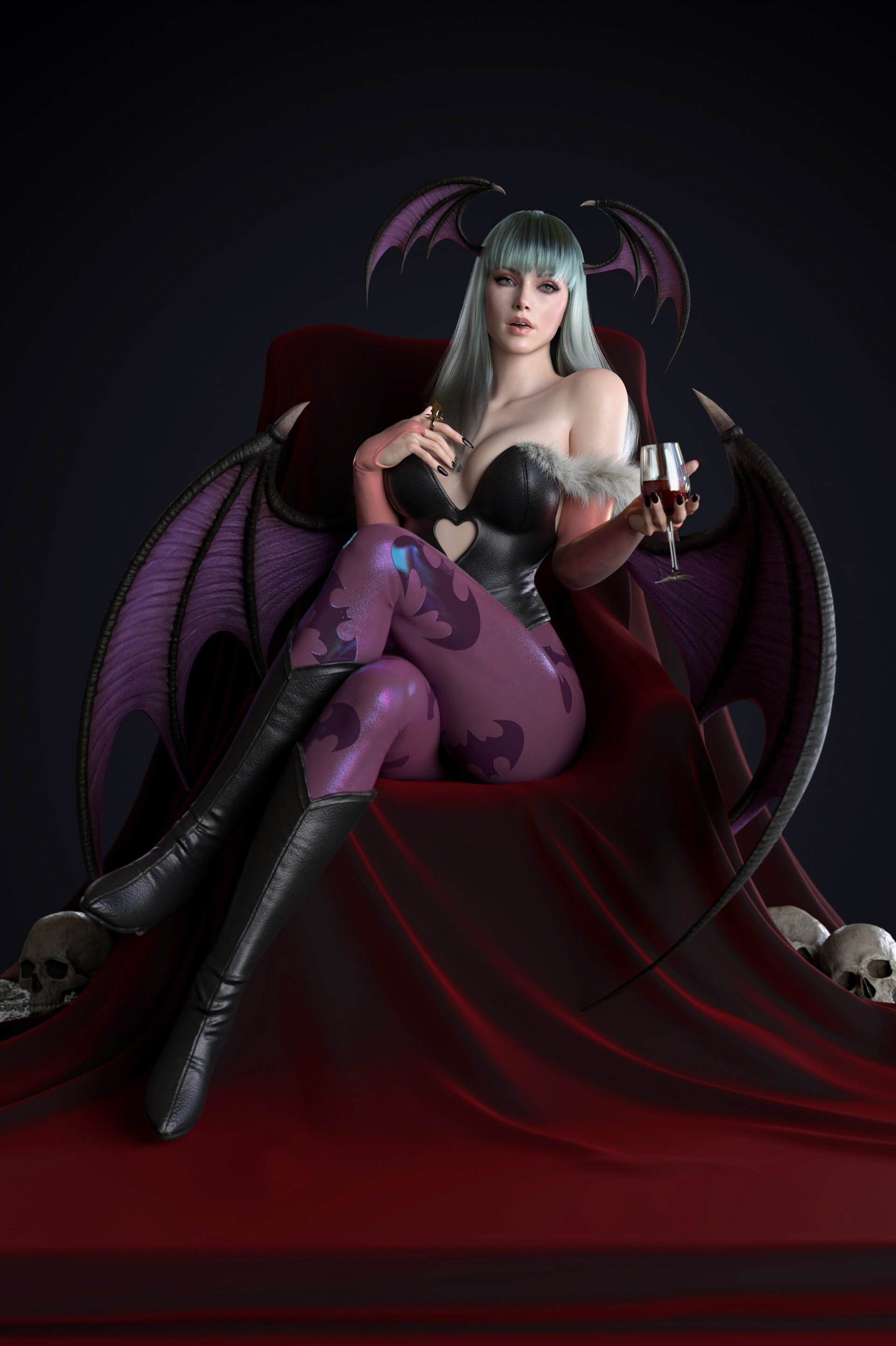 3d, bar print, bat wings, black legwear, breasts, clothing, crossed legs, darkstalkers, demon, demon girl, ed pantera, female, glass, head wings, high heel boots, morrigan aensland, nail polish, sitting, small breasts, solo, solo female, succubus, wine
