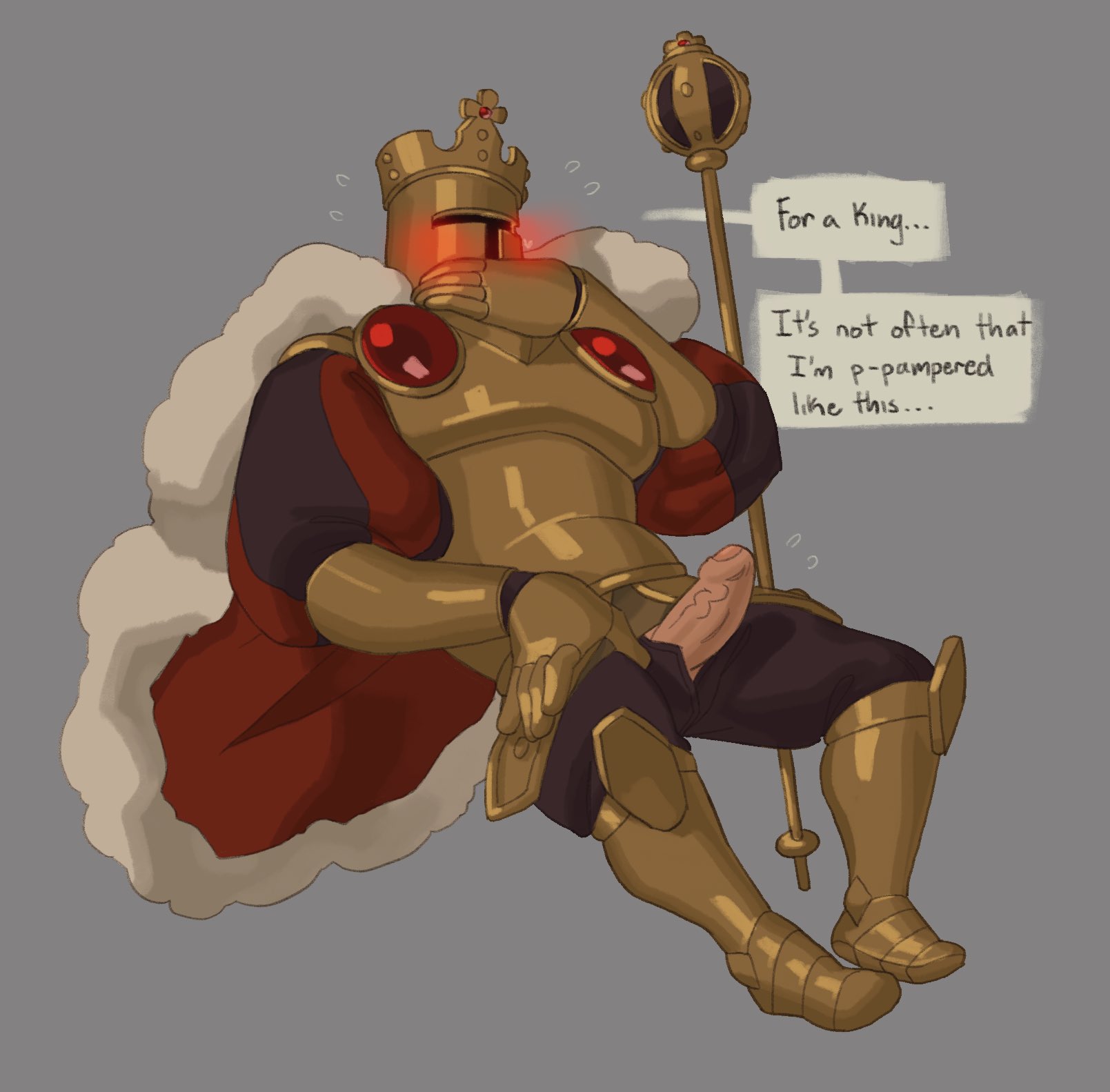 1boy, armor, blush, cape, crown, dialogue, embarrassed, english text, erection, footwear, foreskin, gauntlets, greaves, grey background, handwear, heavy blush, helmet, king knight, knighterrant, male, male only, penis, scepter, shovel knight, simple background, solo, submissive, uncircumcised, uncut, unzipped pants, veiny penis, yacht club games