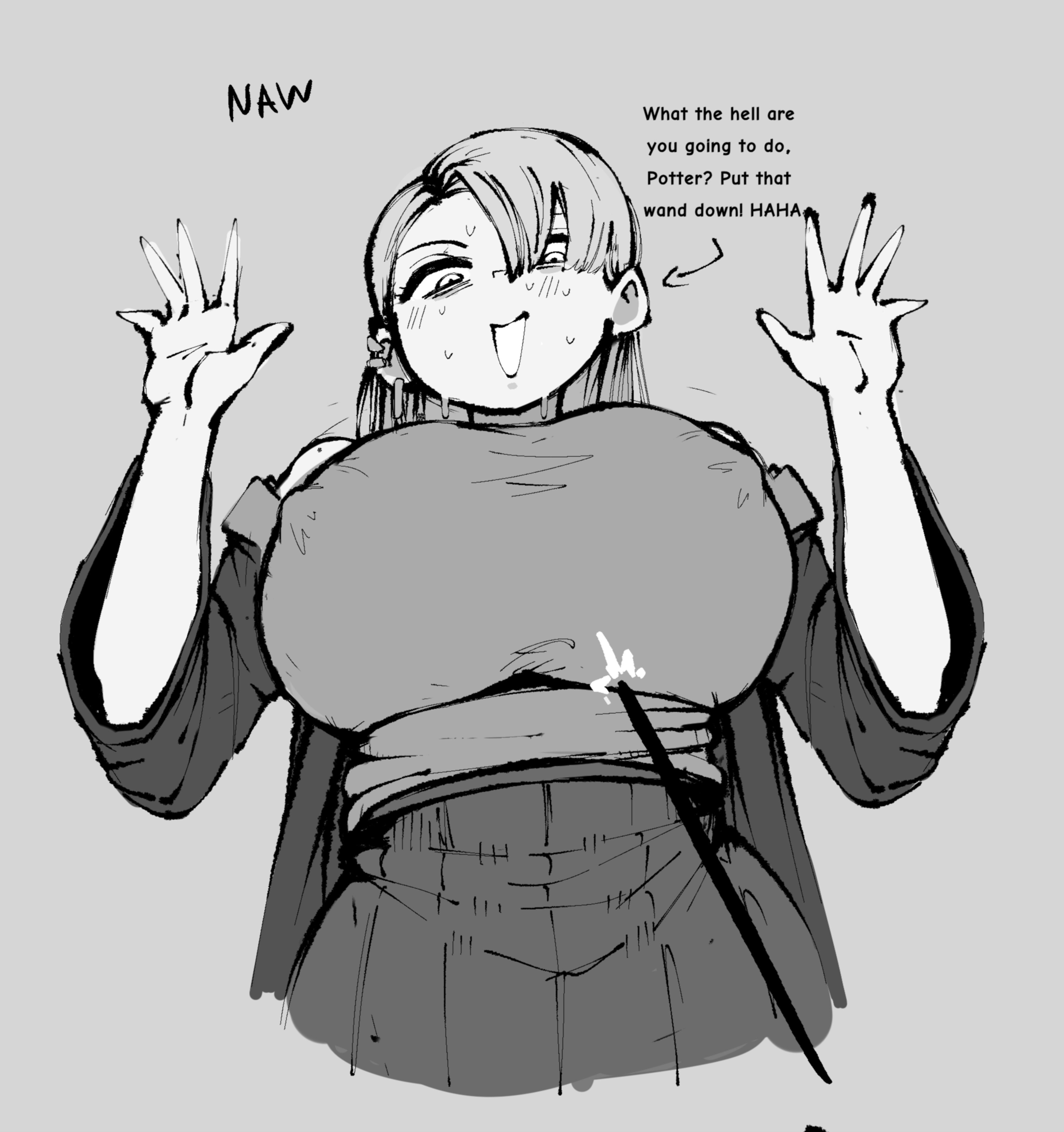 2026, 2d, big breasts, breasts, clothed, clothed female, clothing, dialogue, draco malfoy, draco malfoy (redteneri), english, english dialogue, english text, female, female only, fully clothed, genderswap, genderswap (mtf), harry potter, hi res, highres, huge breasts, large breasts, light skin, light-skinned female, long hair, monochrome, naw, naw01q, naw04q, nipple bulge, nipples, rule 63, solo, solo female, straight hair, text, very long hair, voluptuous, voluptuous female