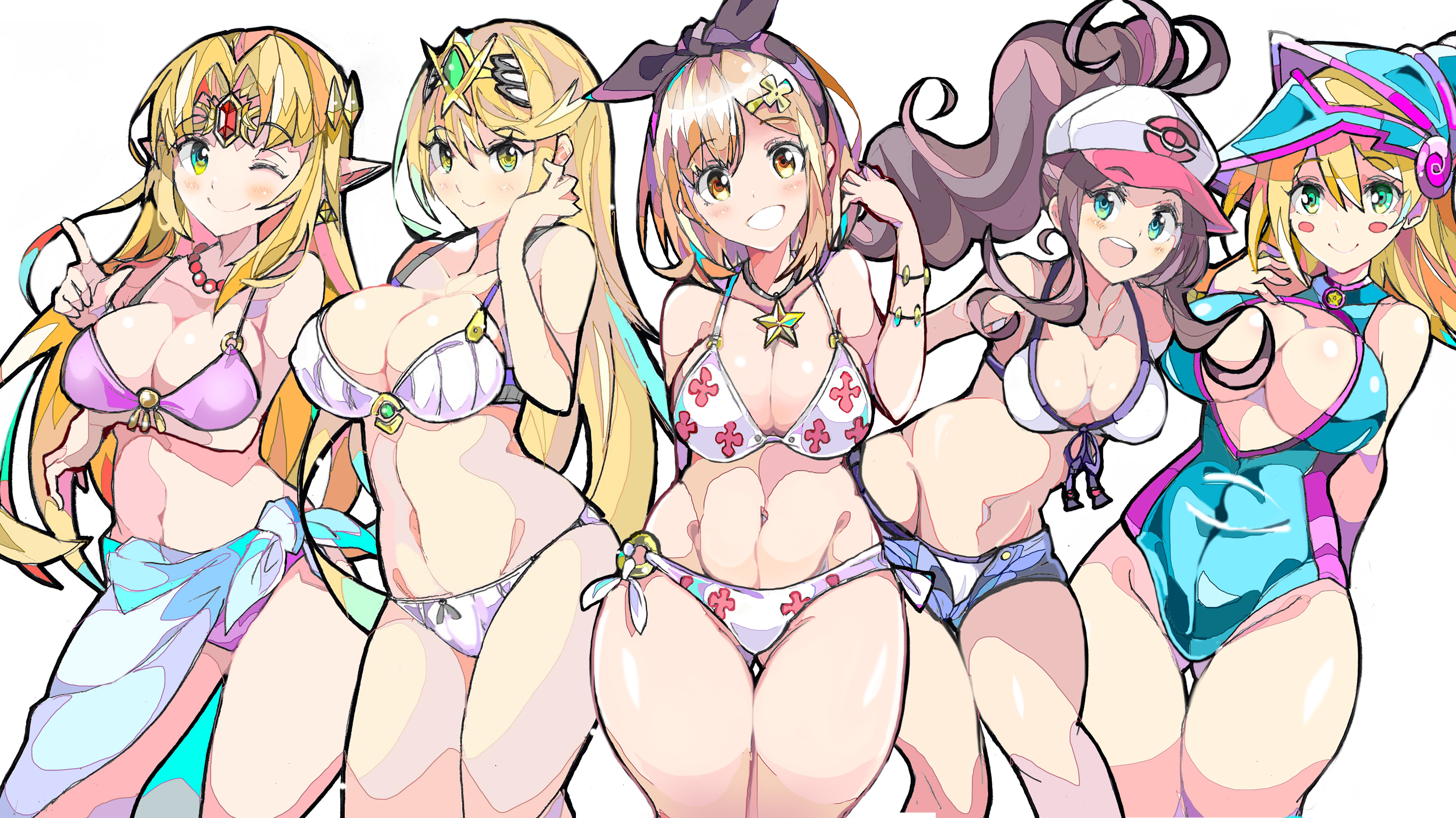 5girls, abs, alternate outfit, ass, atelier (series), atelier ryza, belly, big breasts, bikini, breasts, cleavage, crossover, dark magician girl, edit, enpe, eye contact, female, female only, hairband, hat, hilda (pokemon), horny, hourglass figure, human, large breasts, looking at viewer, medium breasts, midriff, mythra, mythra (xenoblade), navel, nintendo, pokemon, pokemon bw, princess zelda, reisalin stout, source request, swimsuit, the legend of zelda, thick thighs, third-party edit, wallpaper, wide hips, xenoblade (series), xenoblade chronicles 2, yu-gi-oh!, zelda (a link between worlds)
