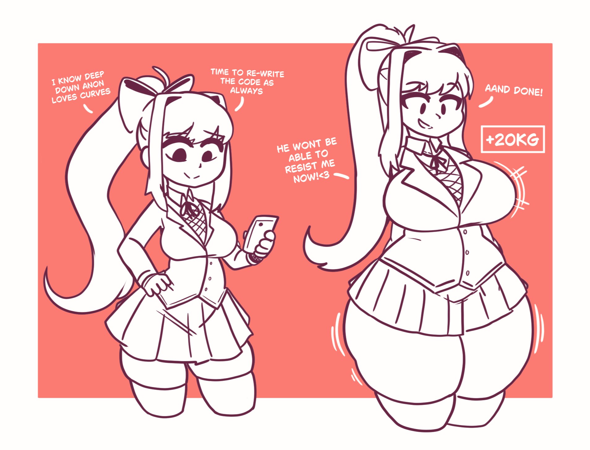 1girls, ass expansion, before and after, big breasts, big thighs, breast expansion, breast growth, breast growth (enlargement), breasts, breasts bigger than head, clothed, clothed female, curvaceous, curvy, curvy female, curvy figure, dialogue, doki doki literature club, english, english dialogue, english text, expansion, female, female only, gigantic ass, gigantic breasts, gigantic butt, gigantic thighs, growth, growth (enlargement), growth sequence, height growth, huge thighs, large breasts, large thighs, leggings, legwear, long hair, medium breasts, monika (doki doki literature club), ponytail, school uniform, schoolgirl, size difference, solo, solo female, stockings, straight hair, text, thick, thick hips, thick legs, thick thighs, thigh expansion, thigh growth, thigh highs, thighhighs, thighs, very long hair, voluptuous, voluptuous female, white body, white hair, white skin, wide hips
