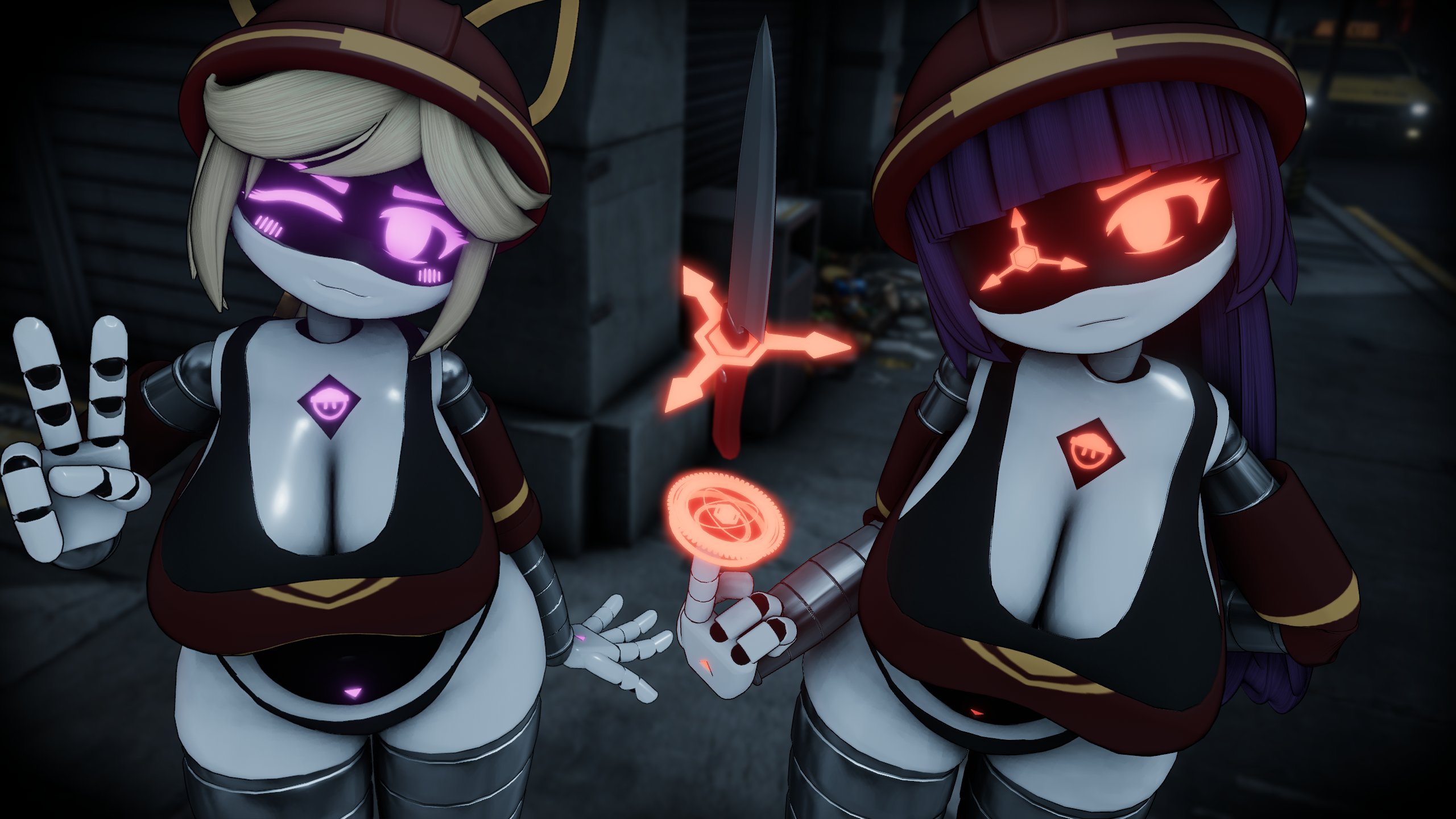2girls, 3d, 3d (artwork), artist request, ass, big ass, big breasts, big thighs, blonde hair, breasts, doll (murder drones), drone, female, female focus, female only, glitch productions, huge ass, huge breasts, huge thighs, lizzy (murder drones), long hair, looking at viewer, murder drones, orange eyes, panties, pink hair, ponytail, purple hair, robot, robot girl, screen face, thick thighs, thighs