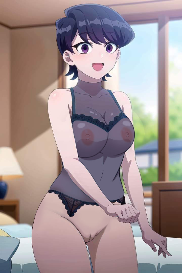 ai generated, black hair, bottomless, breasts, female, komi shuuko, komi-san wa komyushou desu, large breasts, milf, nekom14, nipples visible through clothing, no panties, short hair, through clothes