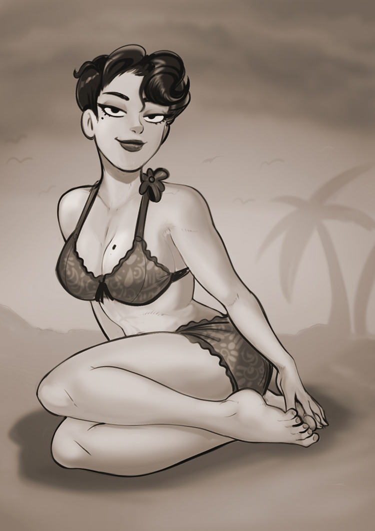 1940s, 1girls, 40s, bare legs, barefoot, bikini, breasts, cleavage, clothed female, feet, female, female only, looking at viewer, monochrome, pinup, shadman, solo, toes