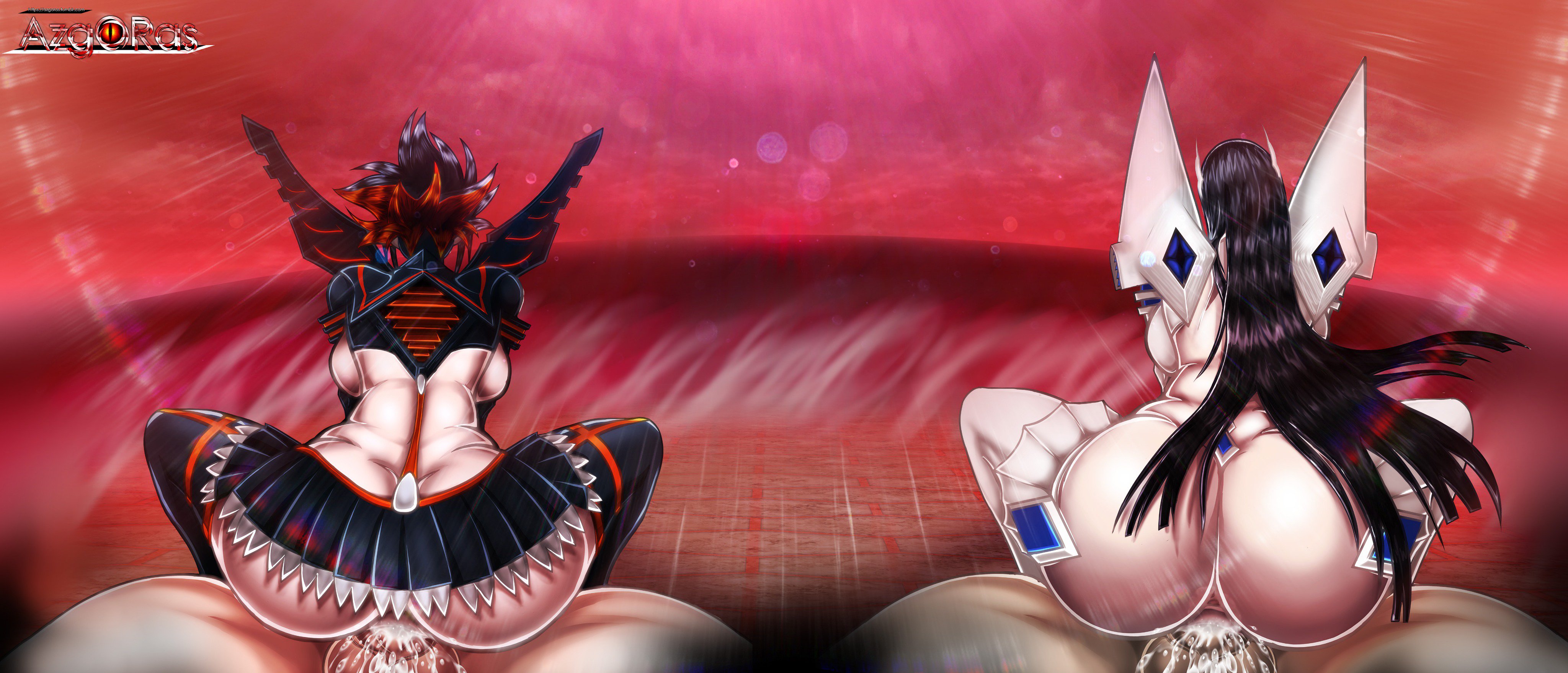 2boys, 2girls, alternate ass size, artist name, ass, ass shake, azgoras, back view, balls, big ass, big penis, black hair, breasts, creampie, cum, cum in pussy, cum inside, female, huge ass, junketsu, kill la kill, kiryuuin satsuki, large ass, large breasts, long hair, male, matoi ryuuko, multiple boys, multiple females, multiple girls, multiple males, penetration, penis, pussy, red background, red hair, senketsu, sex, short hair, sisters, sitting, sitting on person, straight, testicles, thick ass, thick thighs, thighhighs, two-tone hair, vaginal penetration, very long hair