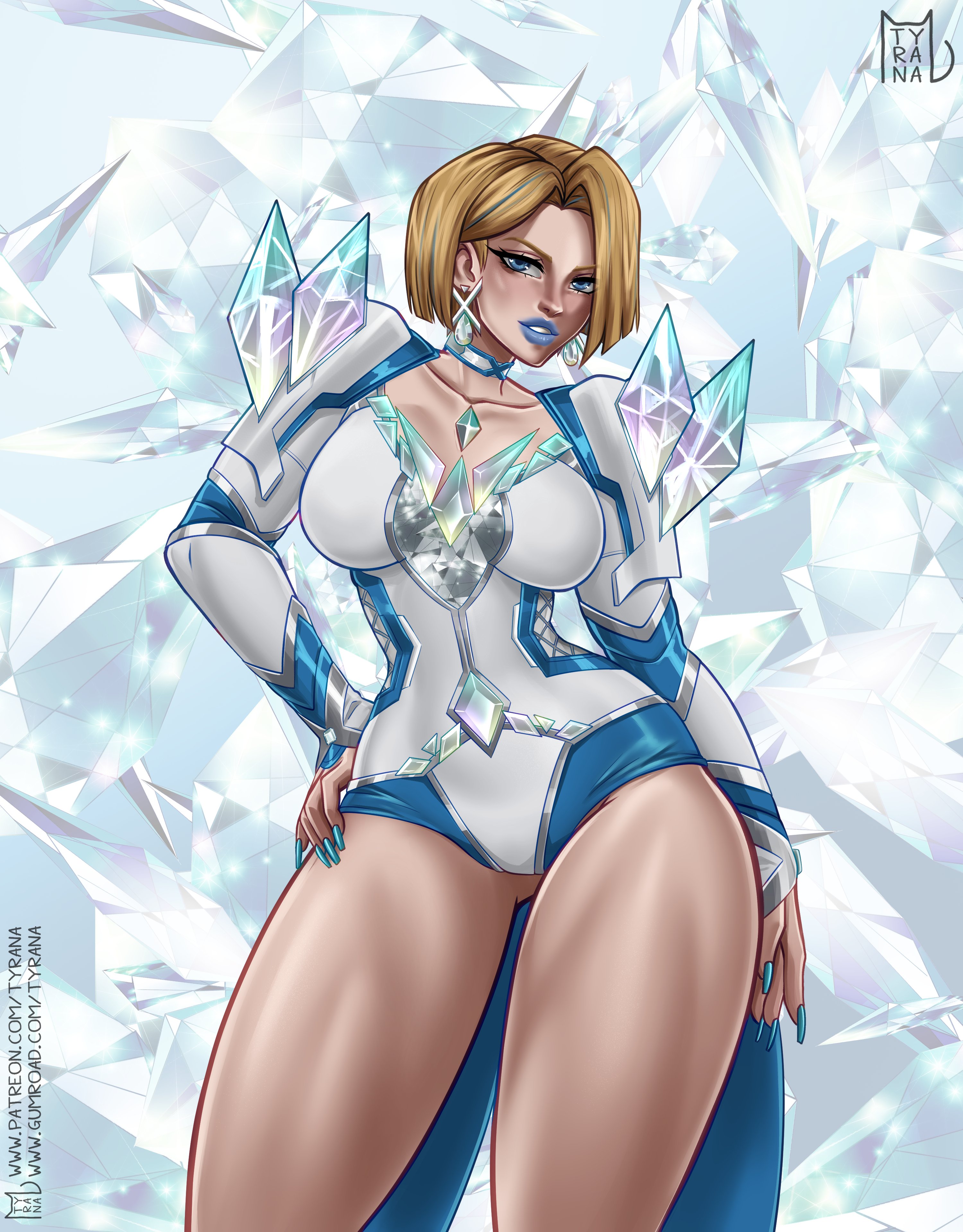 1girls, ass, ass visible through thighs, blonde female, blue lipstick, blue nails, bob cut, breasts, cleavage, emma frost, emma frost (marvel rivals), female, female focus, female only, hi res, large breasts, leotard, light skin, light-skinned female, looking at viewer, marvel, marvel comics, marvel rivals, solo, thick thighs, thighs, tyrana, wide hips