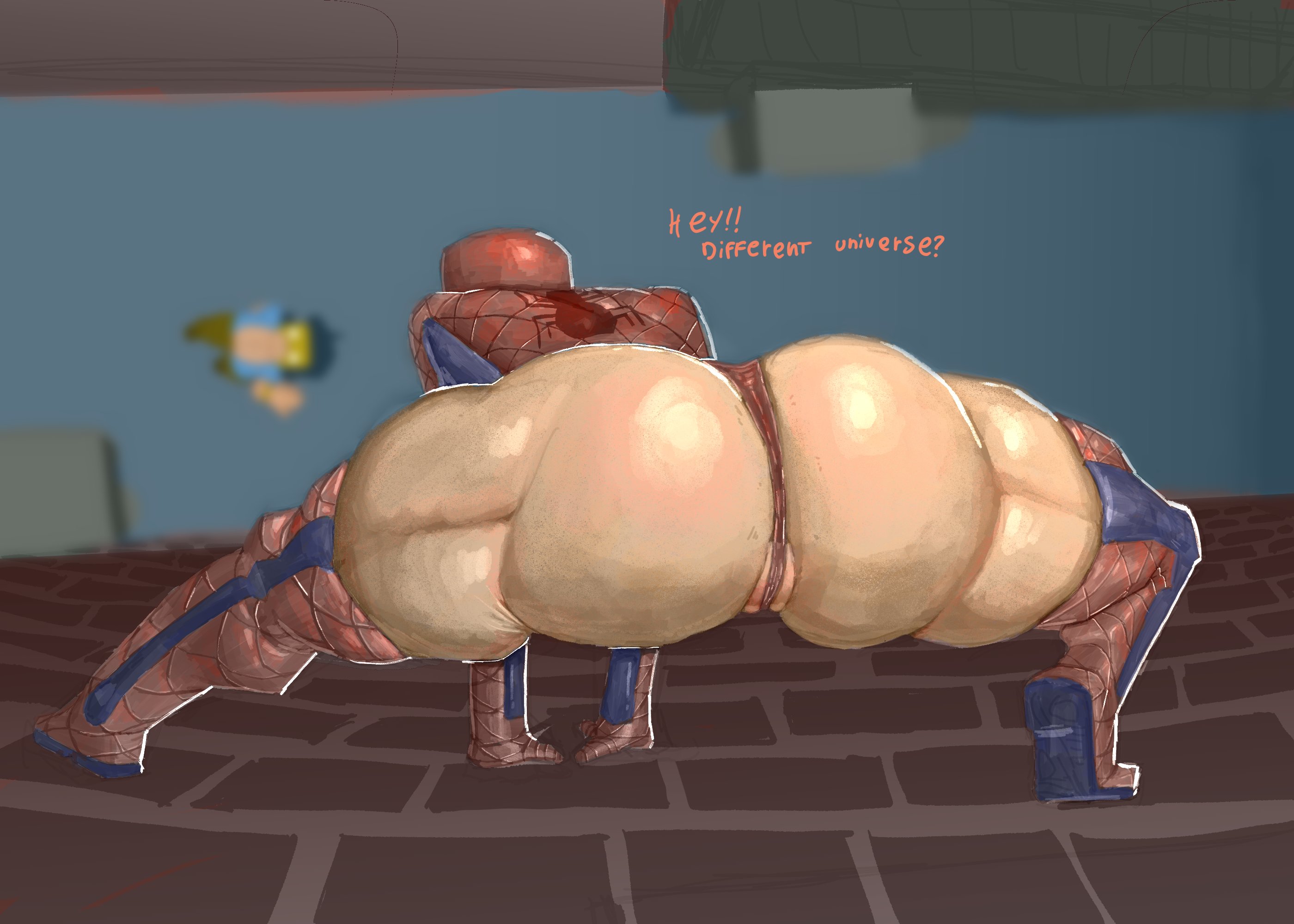 1girls, 2d, 2d (artwork), ass, ass focus, back view, background, big ass, big butt, big pussy, big thighs, blurry background, brick wall, butt, butt focus, clothed, clothed female, color, comic book character, dat ass, dialog, dialogue, dialogue bubble, english, facing away, facing away from viewer, female, female ass, female ass focus, female butt, female focus, female only, hips, huge ass, huge butt, human, human female, human only, large ass, large butt, legs, libi dos, light skin, light-skinned female, looking down, looking down at another, marvel, marvel comics, muscular, muscular female, muscular thighs, pale skin, pale-skinned female, partially visible vulva, plump labia, pose, posing, pussy, rear view, rule 63, skimpy, skimpy clothes, skimpy costume, solo female, solo focus, spider-man (series), spider-woman, superhero costume, superheroine, text, thick thighs, thighs, thong over anus, top view, wide hips
