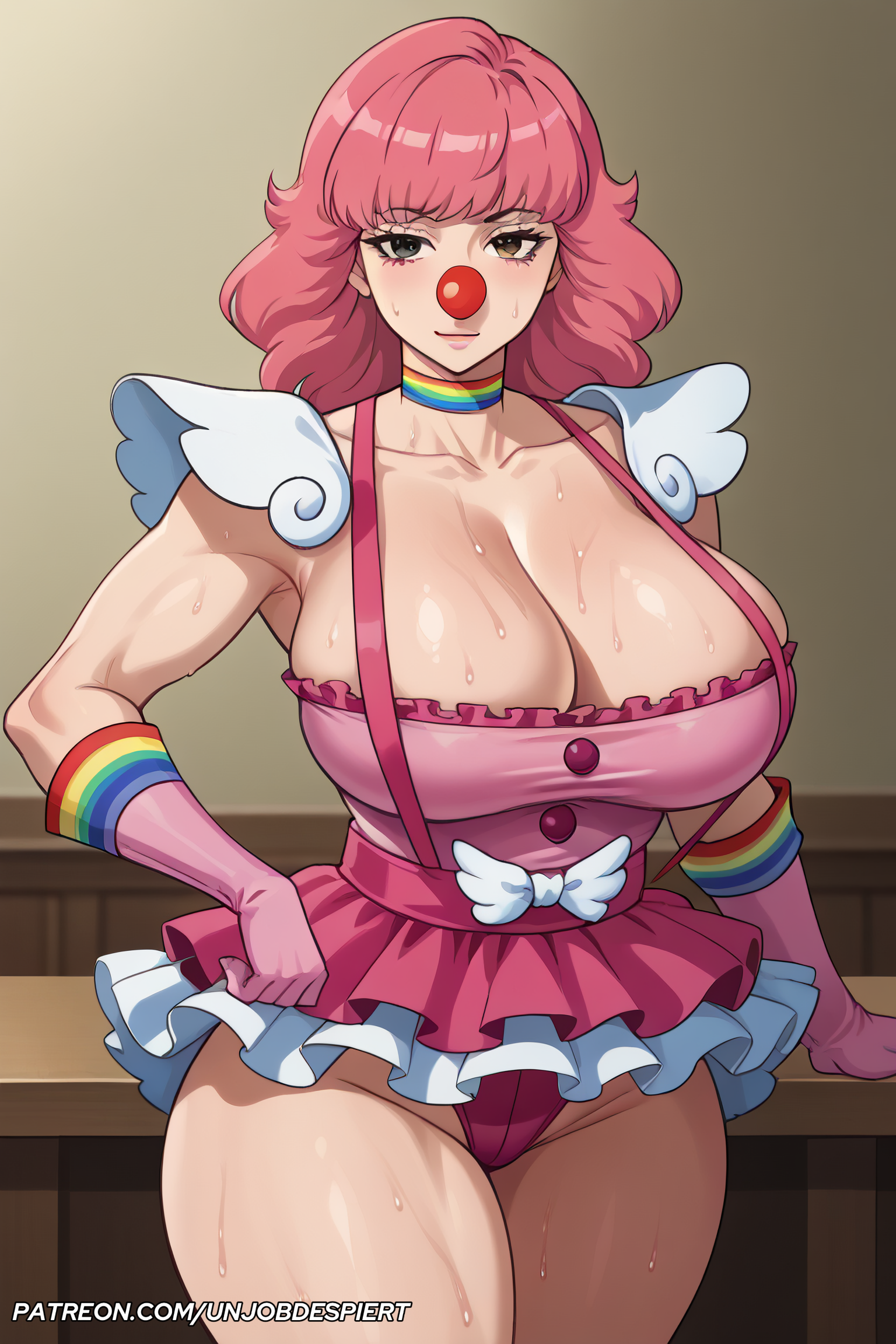 1girls, ai generated, alternate breast size, bangs, blush, breasts, brown eyes, choker, cleavage, clown, dress, female, female only, frills, geiru toneido, gloves, gyakuten saiban, huge breasts, large breasts, looking at viewer, makeup, medium hair, pink dress, pink gloves, pink hair, solo, suspenders, sweat, thick thighs, thighs, unjobdespiert