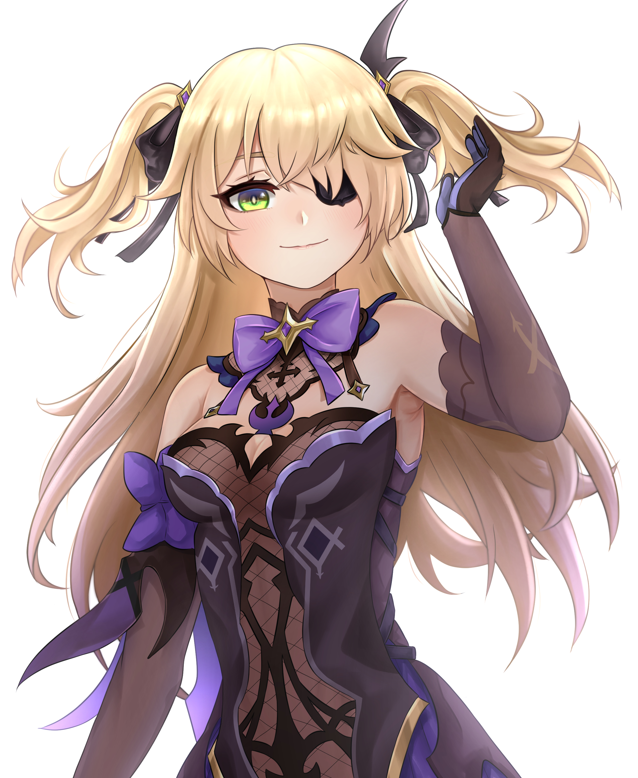 blonde hair, dress, female, fischl (genshin impact), genshin impact, green eyes, long hair, smile