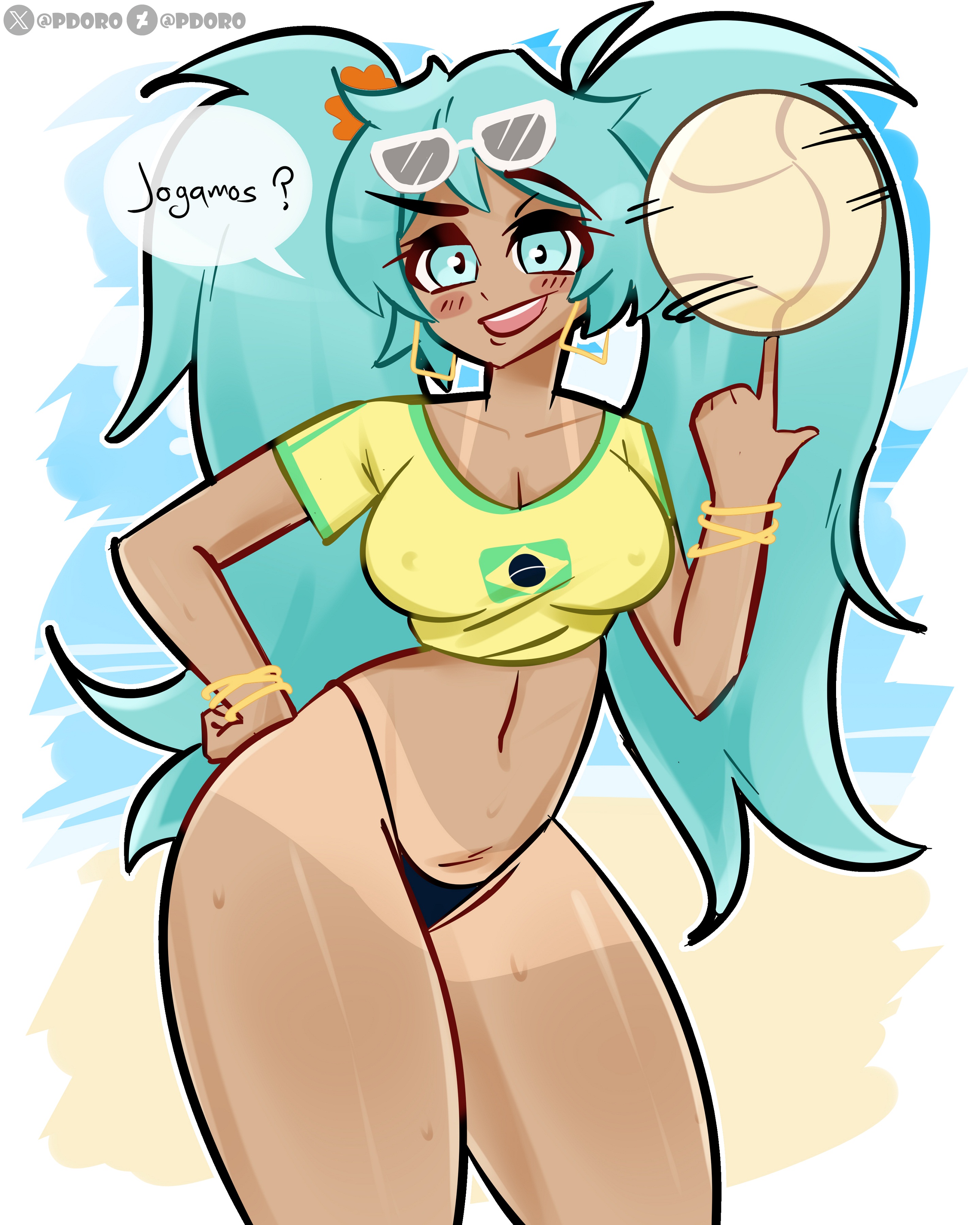 1girl, aqua eyes, aqua hair, big breasts, big thighs, big titties, bikini, bikini bottom only, blue hair, blush, bracelet, brazilian miku, breasts, brown skin, cleavage, clothing, covered nipples, cowboy shot, crop top, cropped shirt, curvaceous, dark skin, dark-skinned female, earrings, english text, eyewear on head, female, female focus, female only, hand on hip, hatsune miku, highleg, hoop earrings, jewelry, large breasts, long hair, looking at viewer, midriff, navel, nipples visible through clothing, open mouth, pdoro, shirt, smile, solo, speech bubble, sunglasses, swimsuit, tan, tanlines, twintails, very long hair, vocaloid, volleyball