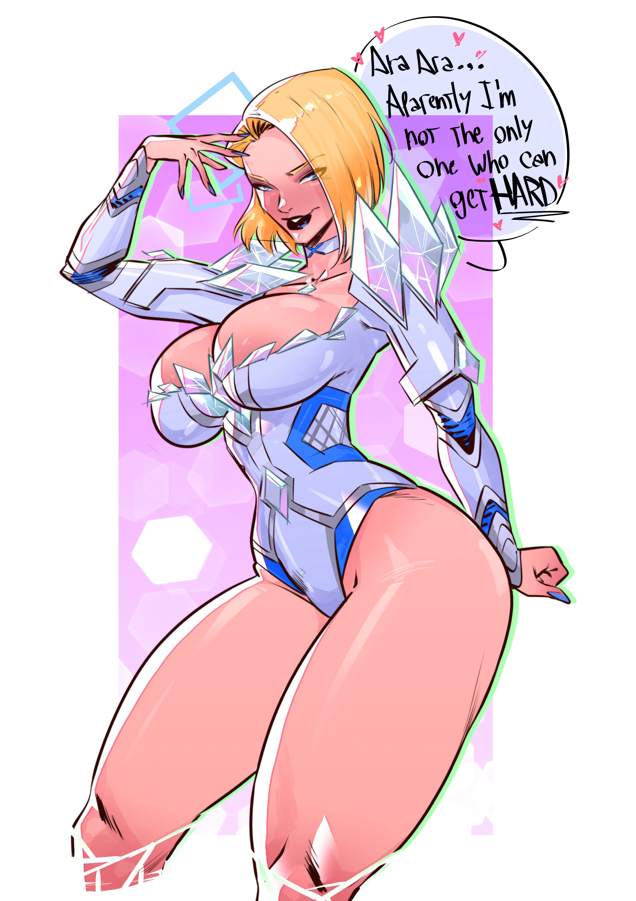 1girls, 2d, ara ara, ass, athletic, athletic female, athletic thighs, blonde female, blue lipstick, blue nails, bob cut, breasts, clothed, clothed female, emma frost, emma frost (marvel rivals), english text, female, female focus, female only, hi res, large breasts, light skin, light-skinned female, looking at viewer, marvel, marvel comics, marvel rivals, panda rojo, solo, text, thick thighs, thighs, wide hips
