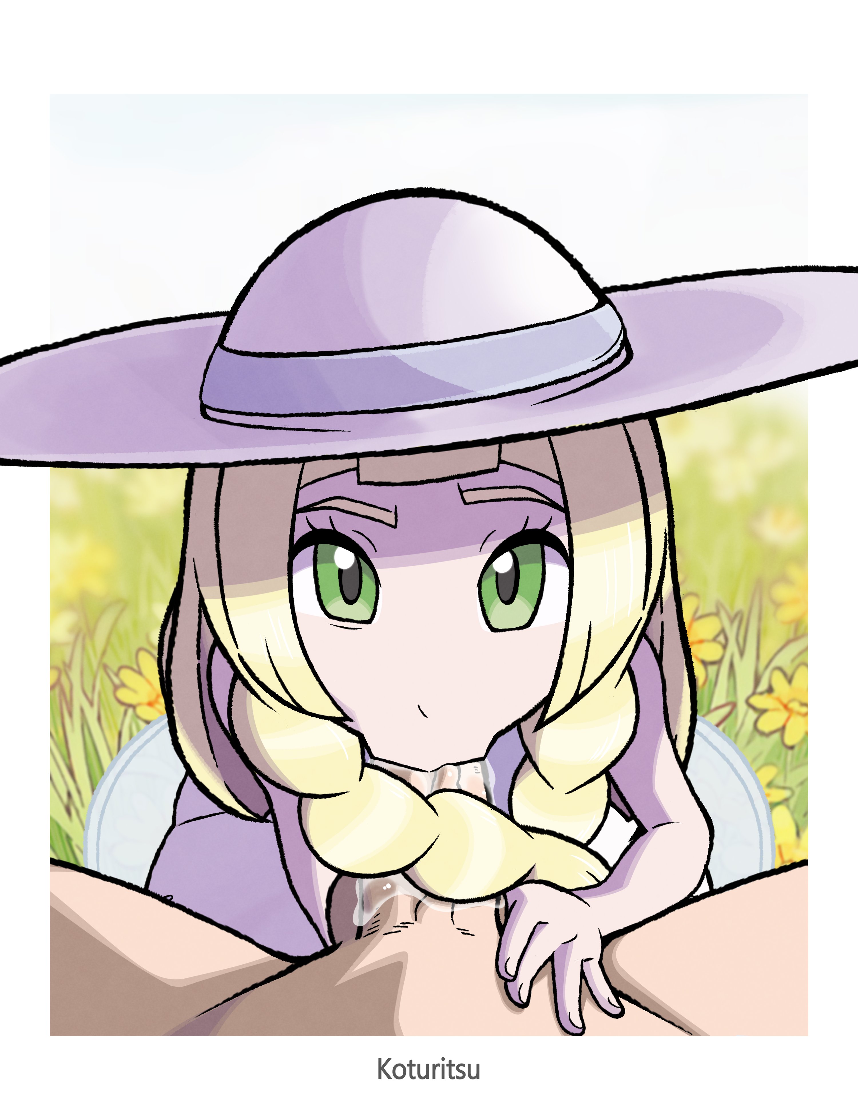 :>=, 1boy, 1girls, blonde hair, erection, fellatio, female, green eyes, hat, koturitsu, lillie (pokemon), male, oral, oral sex, penis, pokemon, saliva