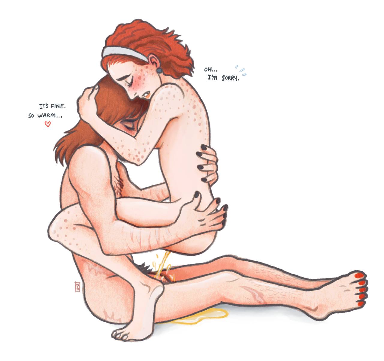 1boy, 1girls, color, embarrassed, embarrassed nude female, english, english dialogue, female, heart symbol, male, nude, nude female, nude male, omorashi, painted nails, painted toenails, peeing, peeing during sex, peeing on another, peeing on penis, penis, sex, urine, urine pool, urine stream