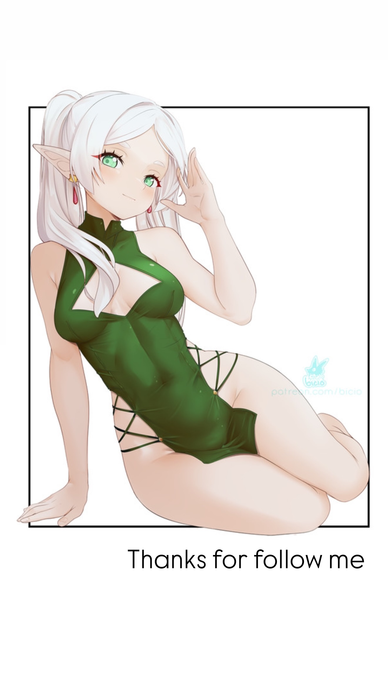 belly, bicio, elf, elf ears, elf female, fanart, female, frieren, light skin, light-skinned female, sousou no frieren, tagme, white hair
