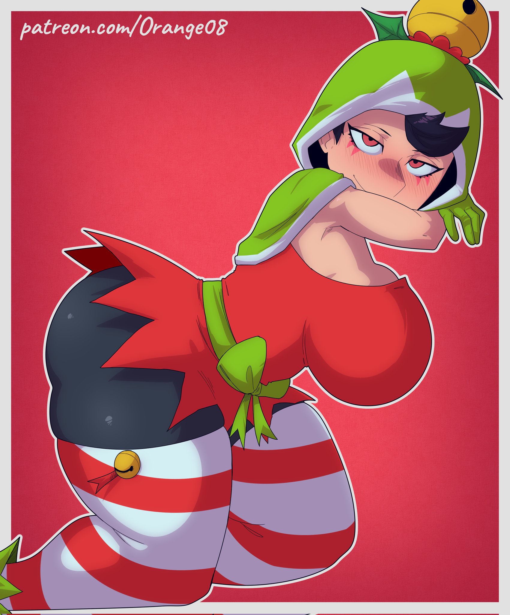1girls, artist name, ass, big ass, big breasts, big butt, black hair, brawl stars, breasts, campaign girl, christmas, christmas outfit, female, green hat, janet (brawl stars), jolly janet (brawl stars), orange thejuice, provocative, provocative outfit, red background, red eyes, smile, supercell, watermark