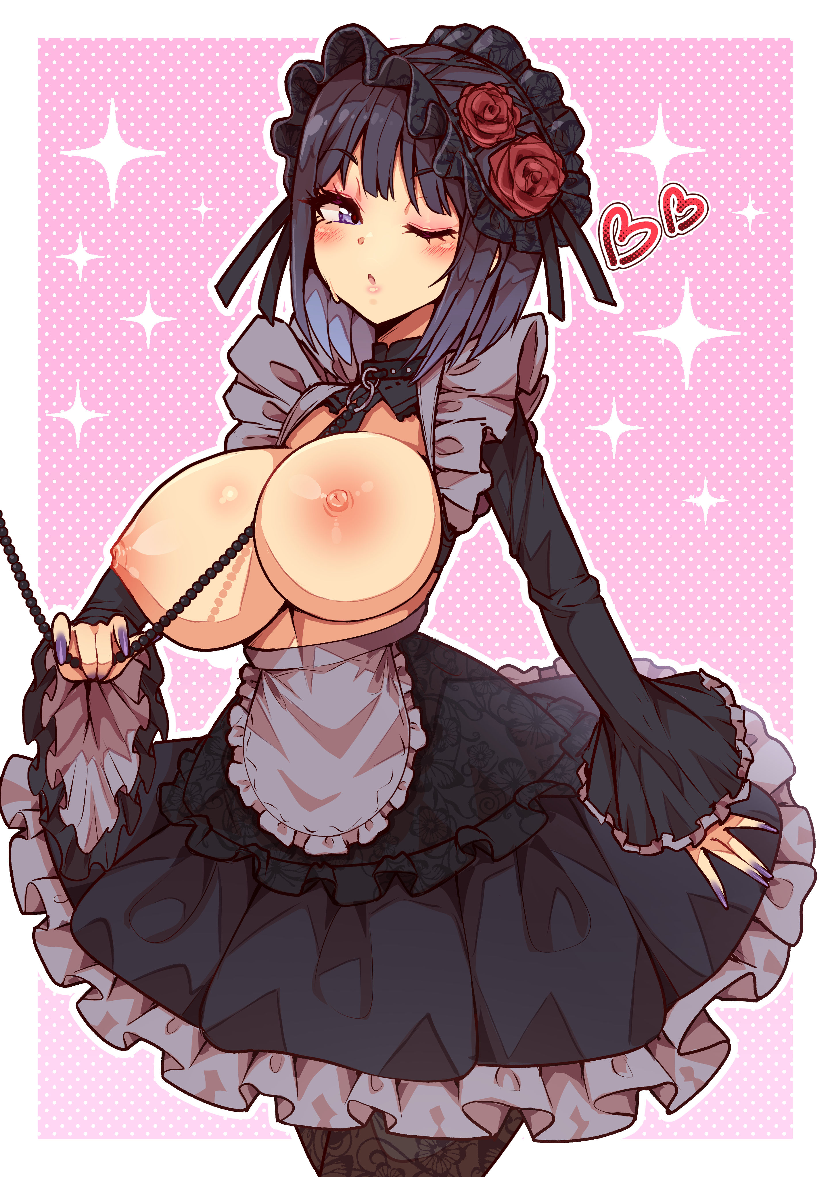 1girls, big breasts, black hair, blue eyes, breasts, clothed, clothing, collar, cosplay, eye closed, female, female focus, female only, gyaru, kitagawa marin, kuroe shizuku (cosplay), large breasts, looking at viewer, short hair, solo, solo female, sono bisque doll wa koi wo suru, topless, virus-g