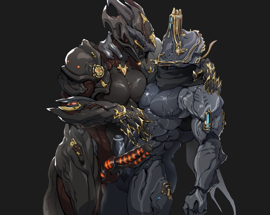 2boys, abs, bara, biomechanical, caressing, chroma (warframe), chroma prime (warframe), excalibur umbra (warframe), fondling, foreskin, gay, hand on belly, humanoid penis, lotusshim554, male, male focus, male only, male/male, muscles, muscular, muscular male, pecs, penis, robot, scarf, shoulder grab, uncircumcised, warframe, warframe (species), yaoi