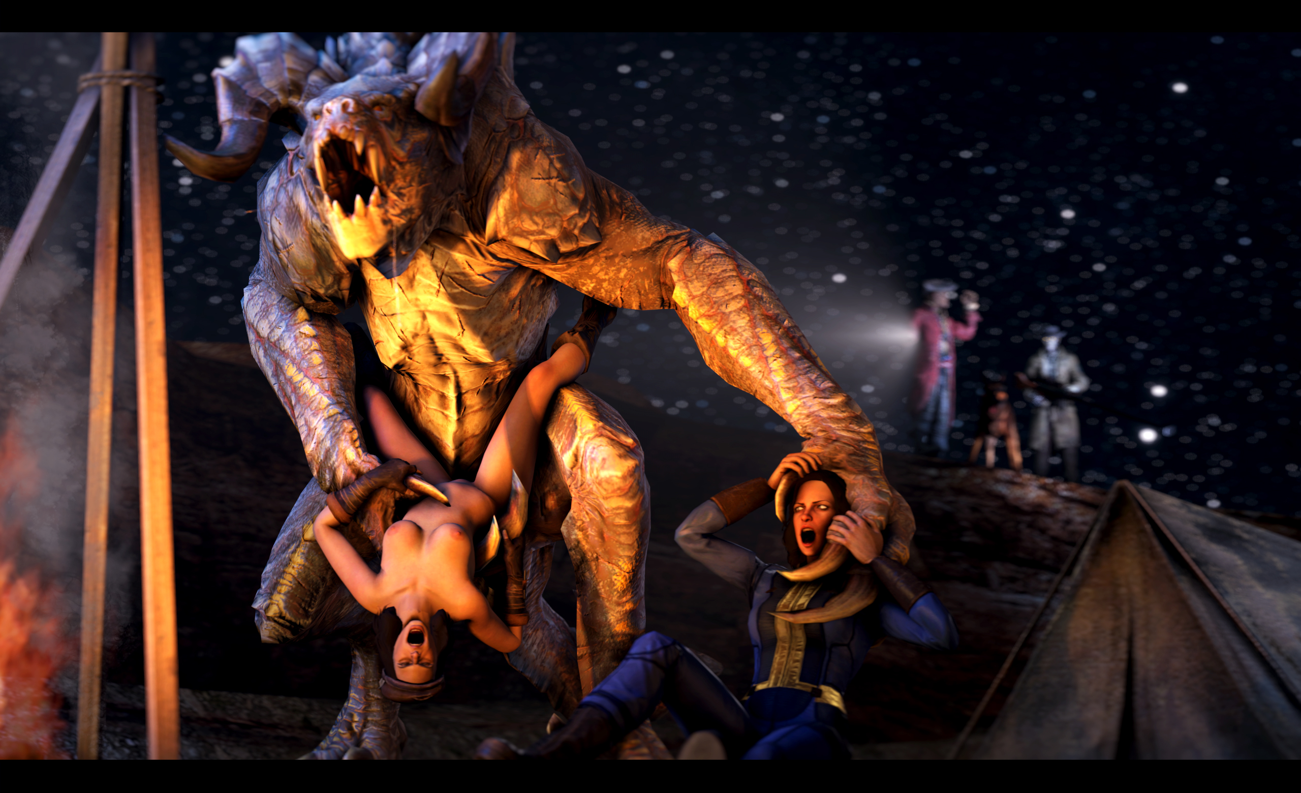 2020, 2girls, 3boys, 3d, 3d (artwork), ambiguous penetration, android, being watched, bethesda softworks, big feet, big hands, black border, breasts, canine penis, cheopsfm, claws, clothed male nude female, deathclaw, dogmeat, drooling, erection, fallout, fallout 4, feet, female, female human, femsub, feral, flashlight, forced, furry, ghoul (fallout), hancock (fallout 4), head grab, held up, holding, horns, human, interspecies, larger male, male, male deathclaw (fallout), maledom, monster, mouth, mutant, nick valentine, night, nipples, no artist signature, nora (fallout 4), nude, open mouth, outdoors, pain, penis, piper wright, poster, rape, robot, rough sex, saliva, scalie, sex, size difference, sky, smaller female, sole survivor, sole survivor (female), source filmmaker, standing, stars, teeth, thick thighs, torso grab, vault suit, wide hips
