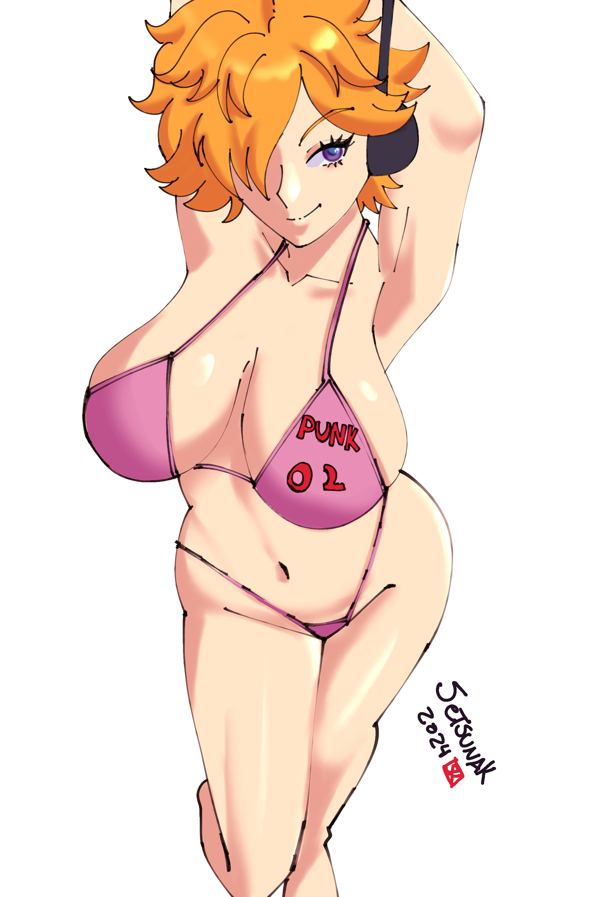 1girls, armpits, arms up, belly, big boobs, big breasts, big tits, bikini, blonde hair, blonde-haired female, blue eyes, blue-eyed female, boobs, breasts, clothing, eyebrows visible through hair, female, female only, hair over one eye, hourglass figure, huge boobs, huge breast, huge tits, large boobs, large breasts, large tits, massive boobs, massive breasts, massive tits, navel, one piece, orange eyebrows, orange hair, orange-haired female, setsunak, thick thighs, thighs, tits, vegapunk lilith