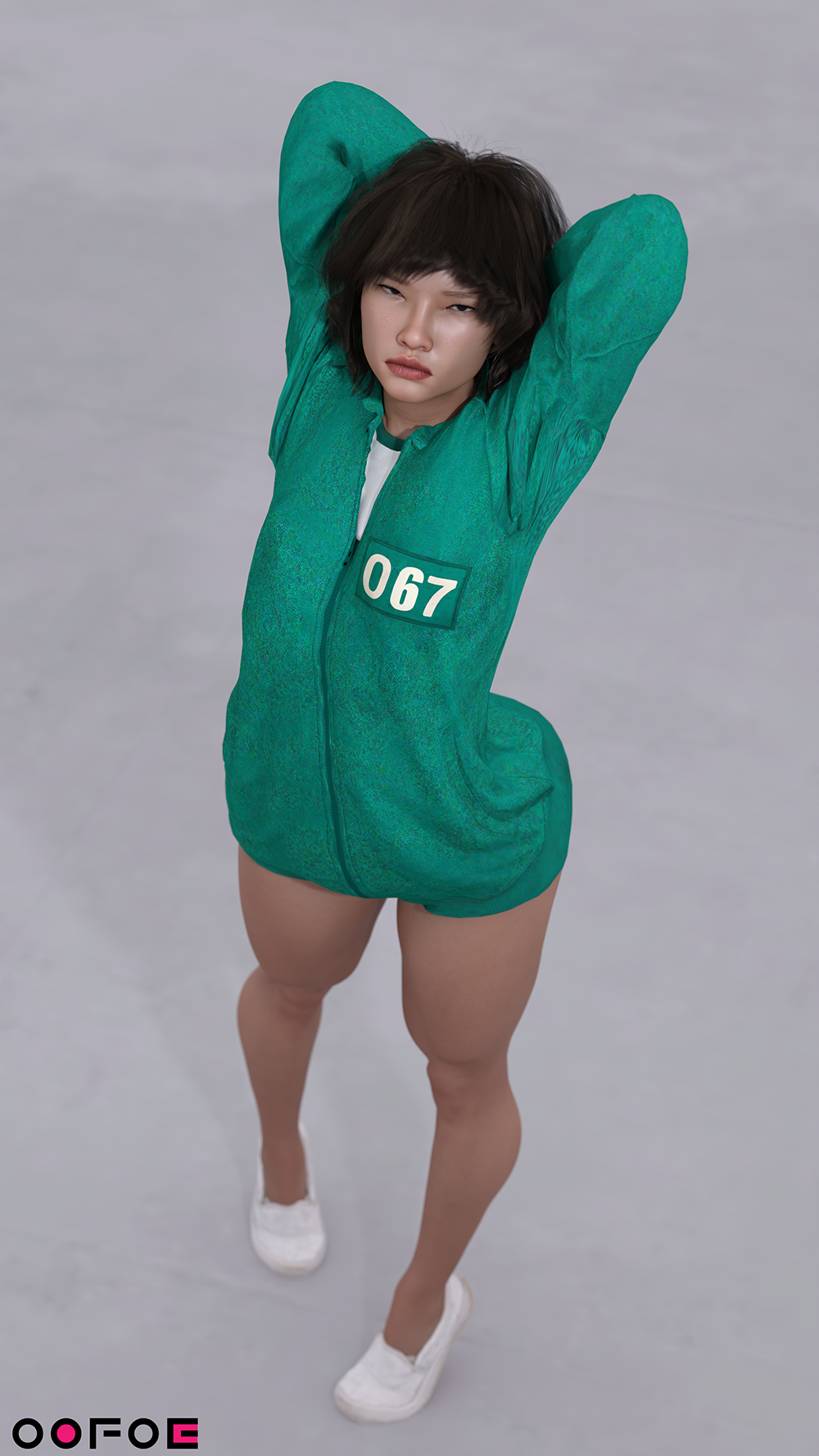 1girls 3d 3d_(artwork) 3d_render alternate_version_available annoyed annoyed_expression asian asian_female black_hair bottomless daz3d daz_studio female freckles green_jacket kang_sae-byeok korean_female looking_at_viewer looking_up looking_up_at_viewer oofoe pinup self_upload shoes solo solo_female solo_focus squid_game track_jacket track_suit white_shoes