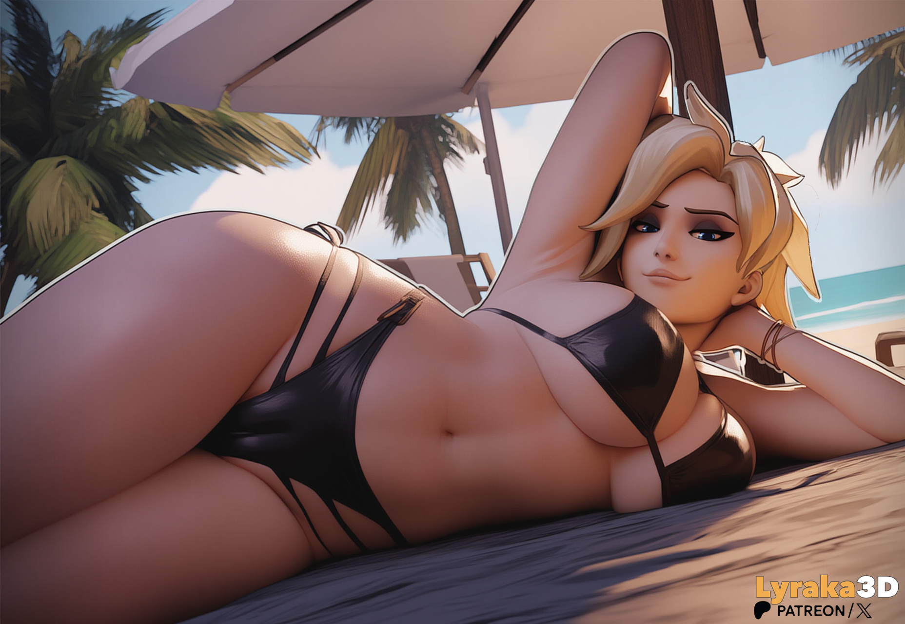 1girls, 3d, 3d (artwork), ai generated, armpit hair, beach, bikini, bikini bottom, bikini top, blonde female, blonde hair, blue eyes, female, lying down, lying on side, mercy, overwatch, overwatch 2, patreon, patreon logo, patreon username, sand, self upload, smile, smug, summer, thick thighs, twitter, twitter username, watermark, white female, wide hips