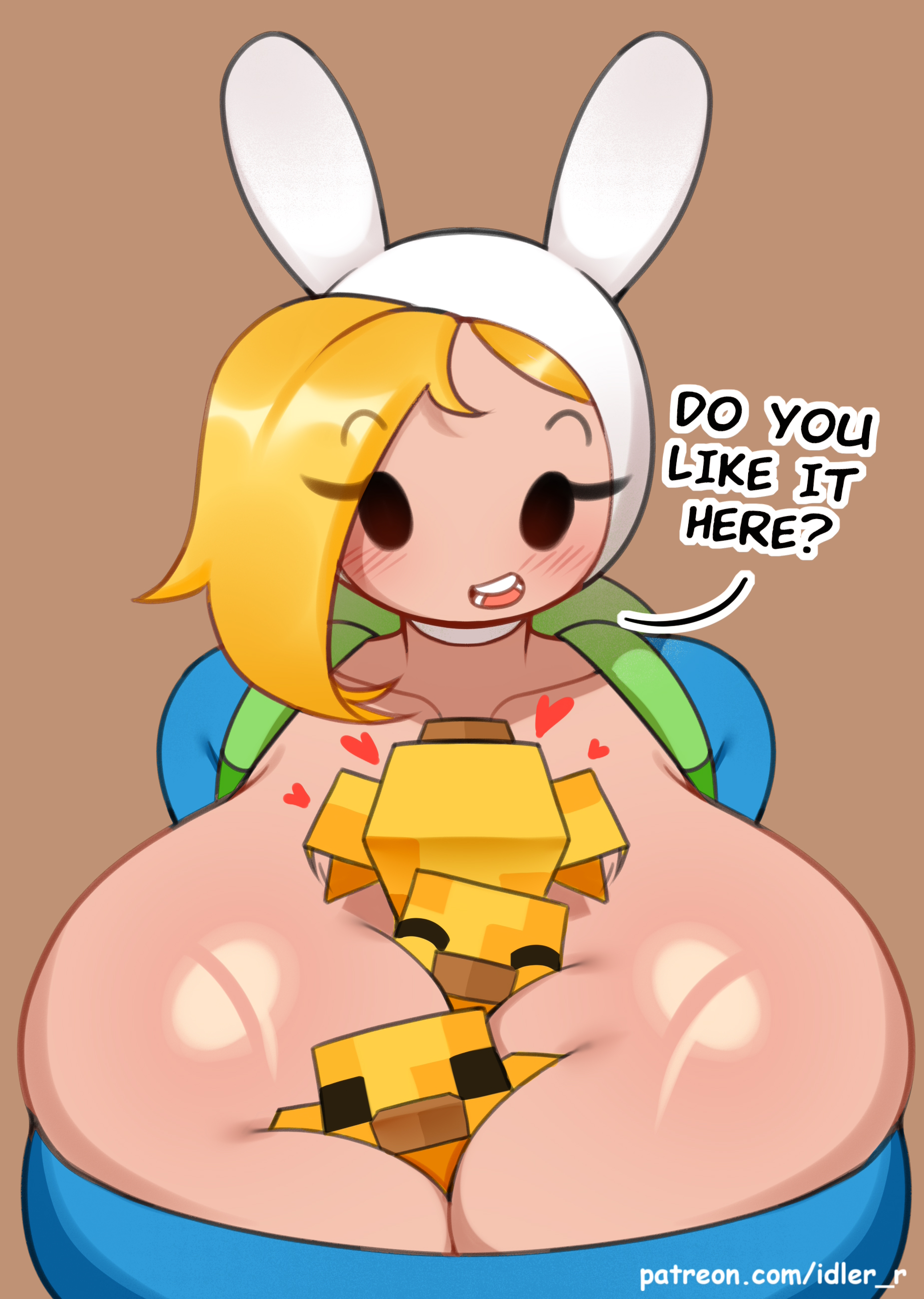 2d, 2d (artwork), 2d artwork, adventure time, animals, avian, baby chicken (minecraft), between breasts, blush, blushing, breasts, cartoon, cartoon network, chicken (minecraft), cute, cute expression, eyelashes, female, fionna and cake, fionna the human girl, hair, hearts, idler r, lips, minecraft, minecraft mob, motion lines, simple eyes